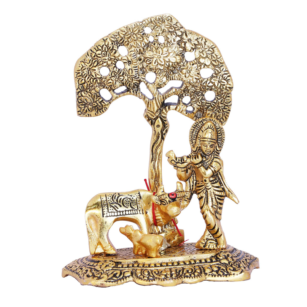 KridayKraft Kamdhenu Cow with Krishna Standing Under Tree Plying Flute Metal Statue,Krishna Murti Idol for Pooja & Decor Your Home,Office,Showpiece Figurines,Religious Idol Gift Article...