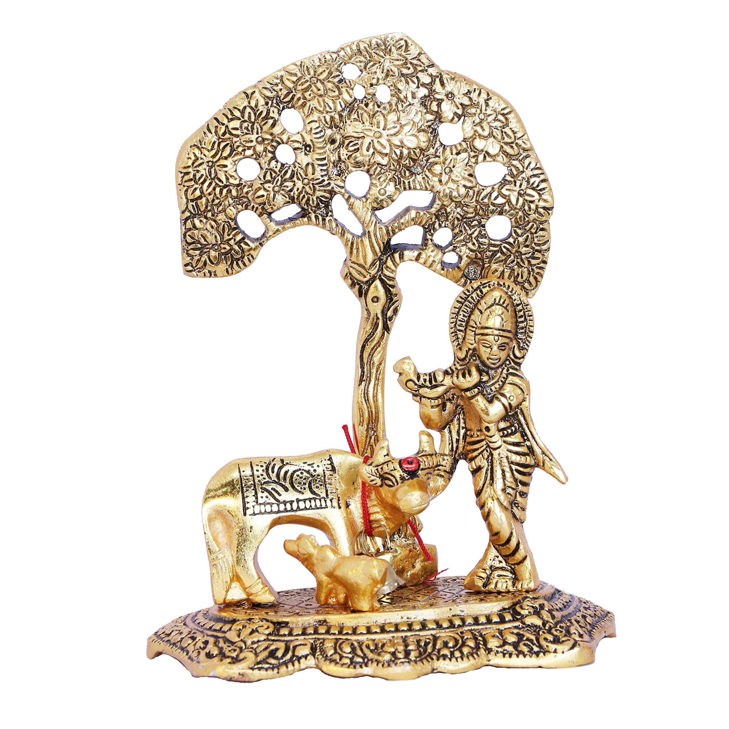 KridayKraft Kamdhenu Cow with Krishna Standing Under Tree Plying Flute Metal Statue,Krishna Murti Idol for Pooja & Decor Your Home,Office,Showpiece Figurines,Religious Idol Gift Article...