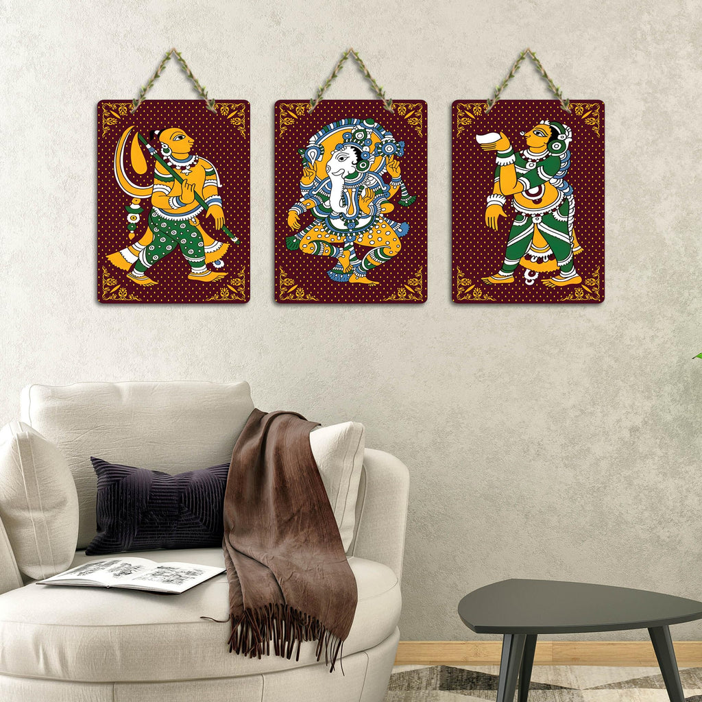 Artvibes Phad Art Home Wooden Wall Hanger for Home Decor | Modern Decoration Items | Living Room | Bedroom | Office | Artwork | Wall Illustrations | Handcrafted Art | Gift Items (WH_96173N), Set of 3