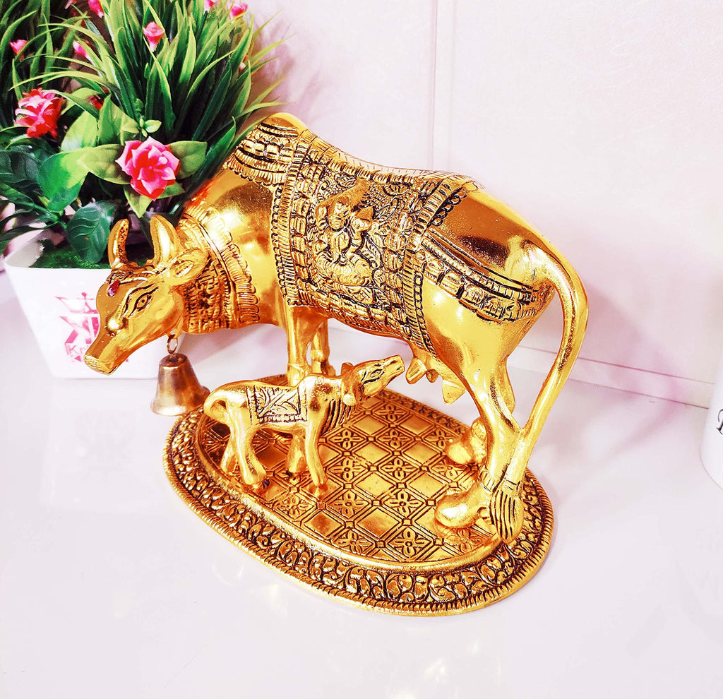 KridayKraft Kamdhenu Cow,Calf with Bal Gopal Krishna Metal Statue for Good Luck,Feng Shui As Table Top Figurine,Vastu,Religious Gau MATA Idol