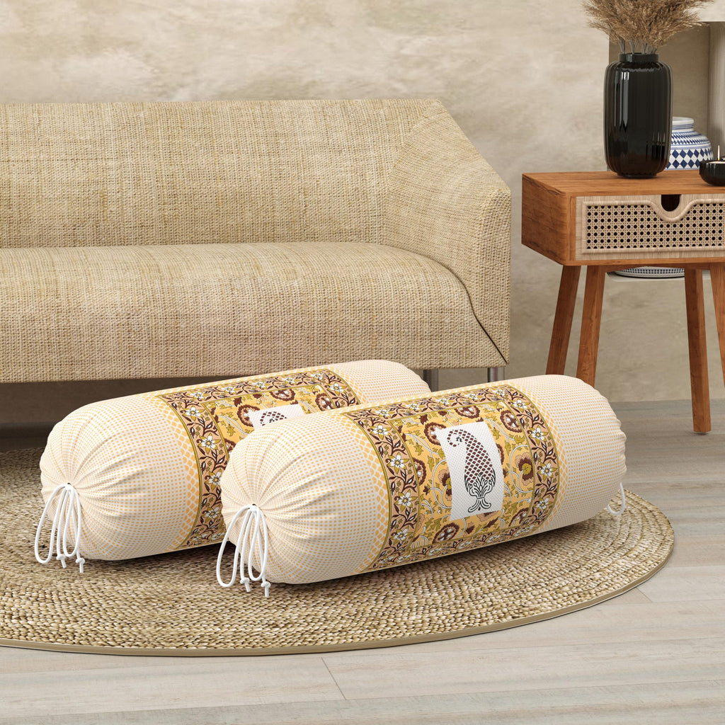 BLOCKS OF INDIA Cotton Hand Block Printed Bolster Cover | Booster Cover with Drawstring | Round Long Pillow Cover for Bed | Dewan Pillow Cover Set 16 X 32 | Set of 2 (Color 39)