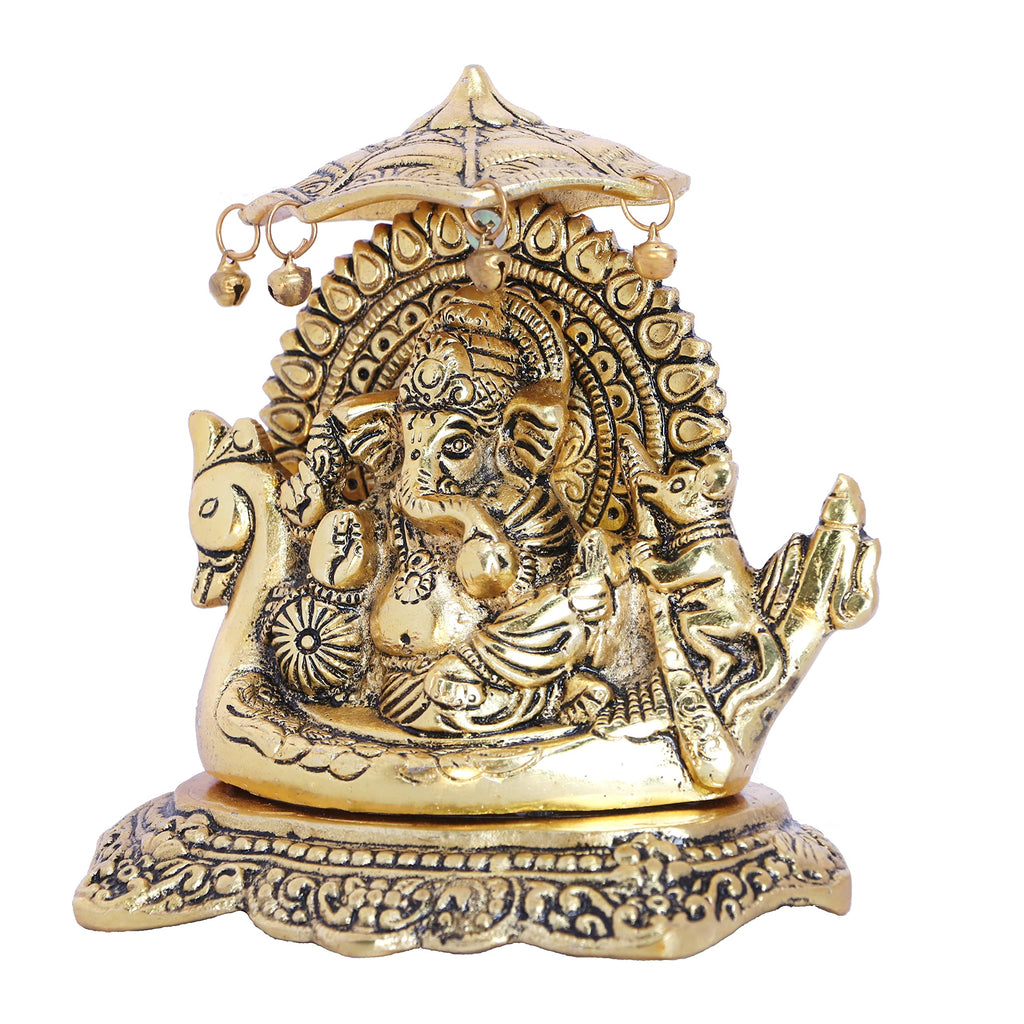 KridayKraft Metal Ganesha Statue Sitting on Boat, ganpati Bappa Religious Idol,Metal Ganesh ji Showpiece Figurines- Medium, Gold