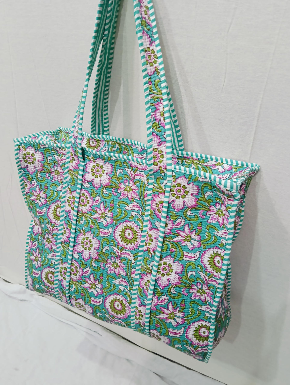 Doraya Cotton Printed Tote Bag,Hand Bag Multicolor Quilted Hand Block Floral Printed Women's Carry Bag Shoulder Shopping Tote Bags 18x5.5x16 Inch (Sea Green 2)