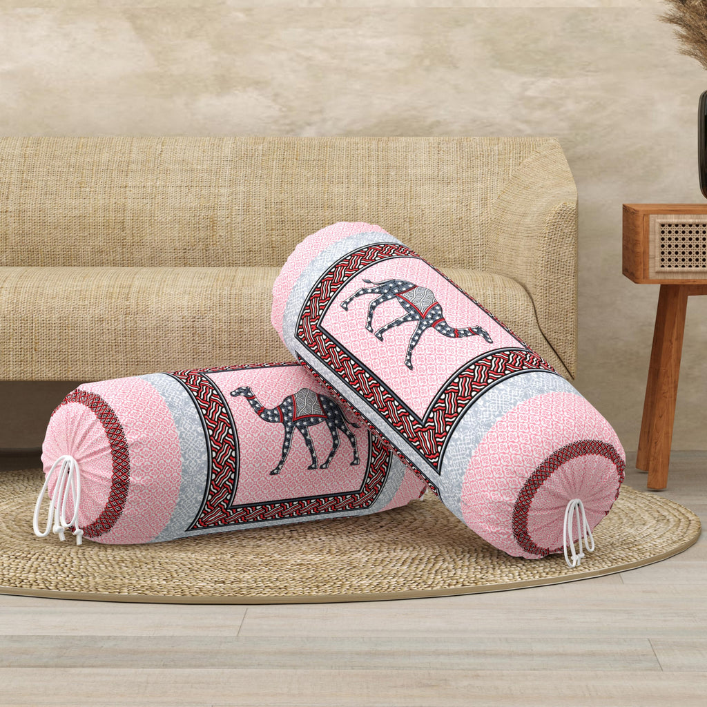 BLOCKS OF INDIA Cotton Hand Block Printed Bolster Cover | Booster Cover with Drawstring | Round Long Pillow Cover for Bed | Dewan Pillow Cover Set 16 X 32 | Set of 2 (Pink Camel)