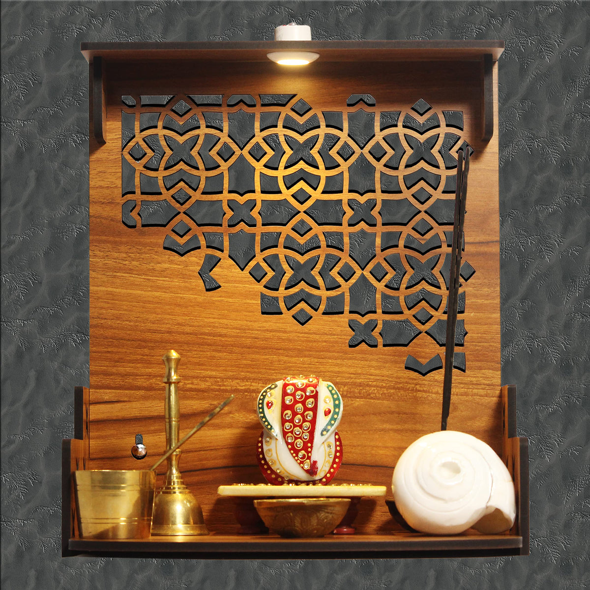 Heartily®: Divine Beautiful Wooden Pooja Stand Mandir for Home/Temple/Office/Puja Mandir for Home and Office Wall with LED Spot Light/Product (H- 12, L- 10.5, W-8.75 Inch)