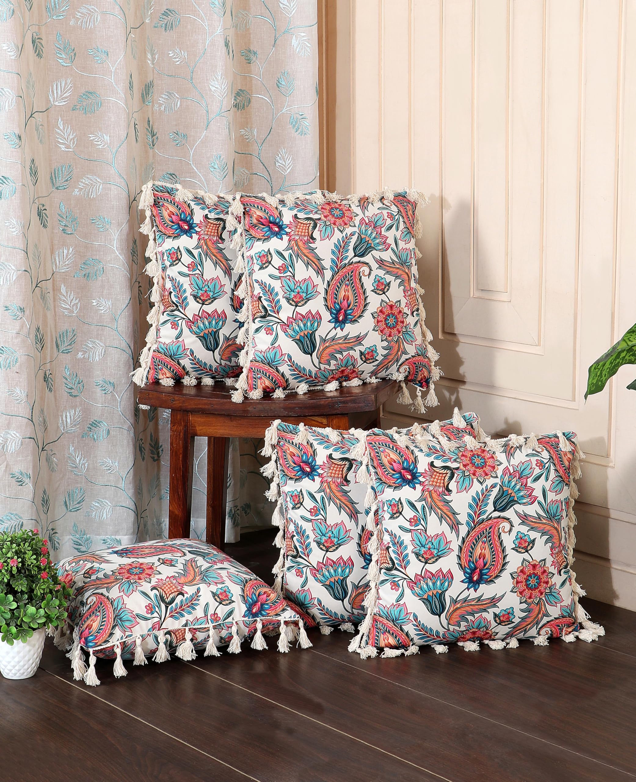 ishro home Premium Cushion Cover 16 inch x 16 inch | Set of 2 – Soft European Standard Fabric, Frill Design, Machine Washable | (2, Paisley Fiesta, 16x16 Inch)