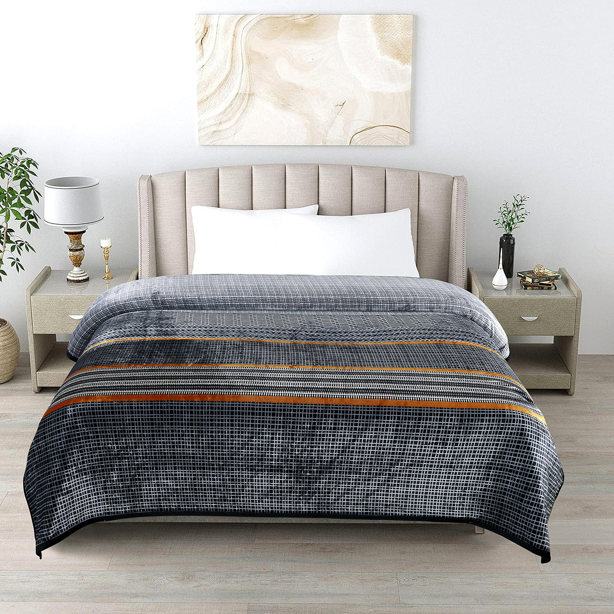 Gullivar Davos Premium Flannel Printed Double Bed AC Blanket 230x240 cm | 300 GSM Ultra Soft Breathable All-Season Blanket for AC, Summer & Mild Winter | Luxury Comfort Throw -Grey Stripe Kafalo