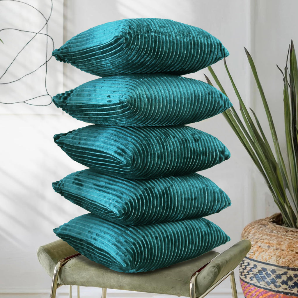 RD TREND® Cushion Cover Set of 5, Decorative Sofa Living Room Home Square Cushion Covers 24 Inch x 24 Inch, Aesthetic Corduroy Striped Double Sided (Green,Pack of 5)