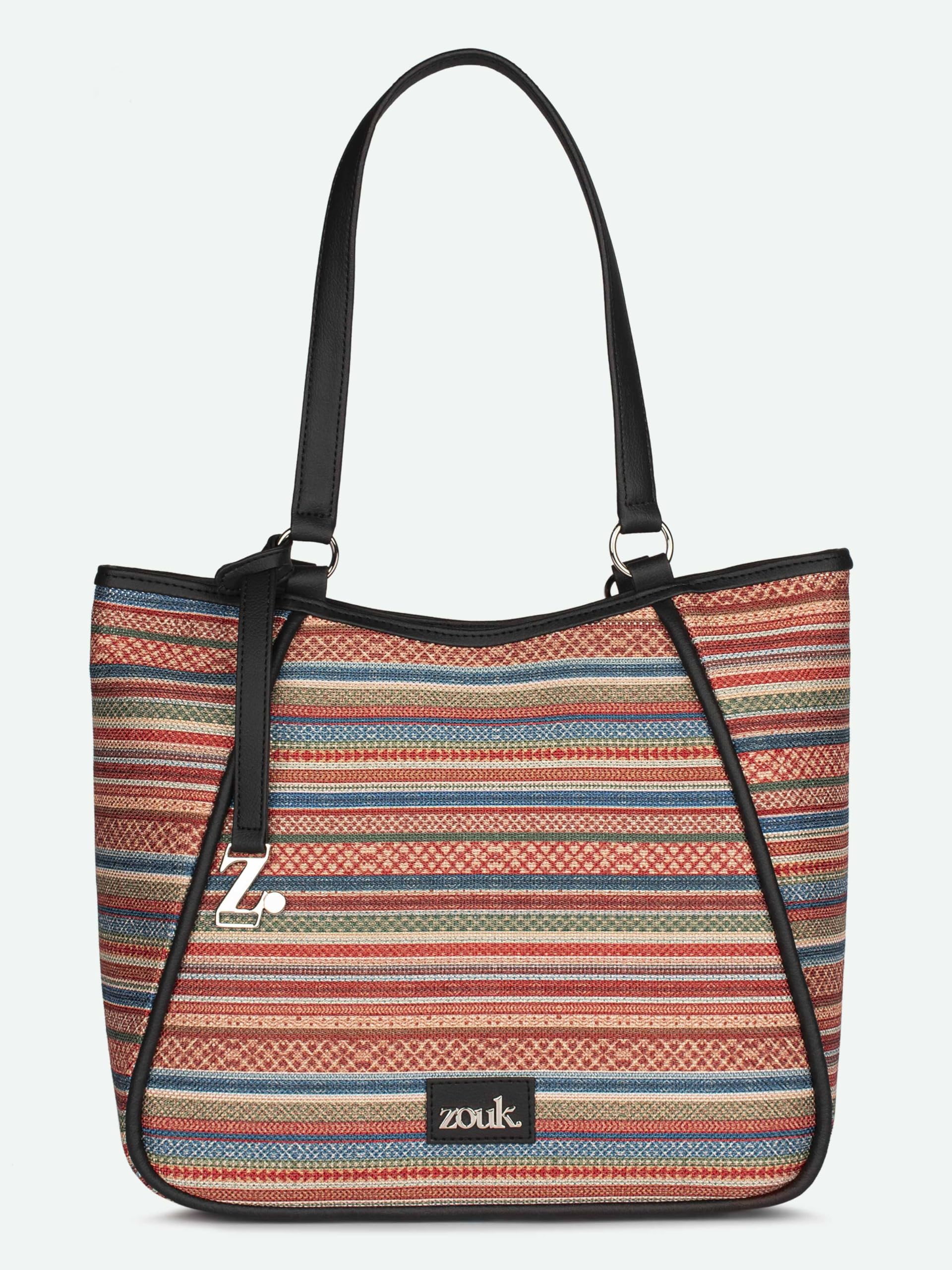 ZOUK Naisha Multicolor Stripes Tote Bag for Women | Vegan Leather Large Shoulder Handbag with Bottle Holder, Multiple Pockets & Water-Resistant Lining | Office, Travel & Daily Use | Assam Tapestry