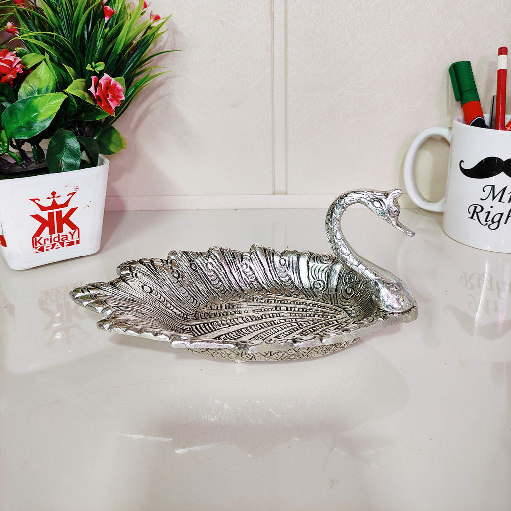Kridaykraft Metal Duck-Shaped Dry Fruit Tray Bowl – Handcrafted Decorative Silver Finish Dish for Tabletop & Home Décor – Elegant Centerpiece for Festive, Living Room or Gift Use (19 x 9 x 10 cm)