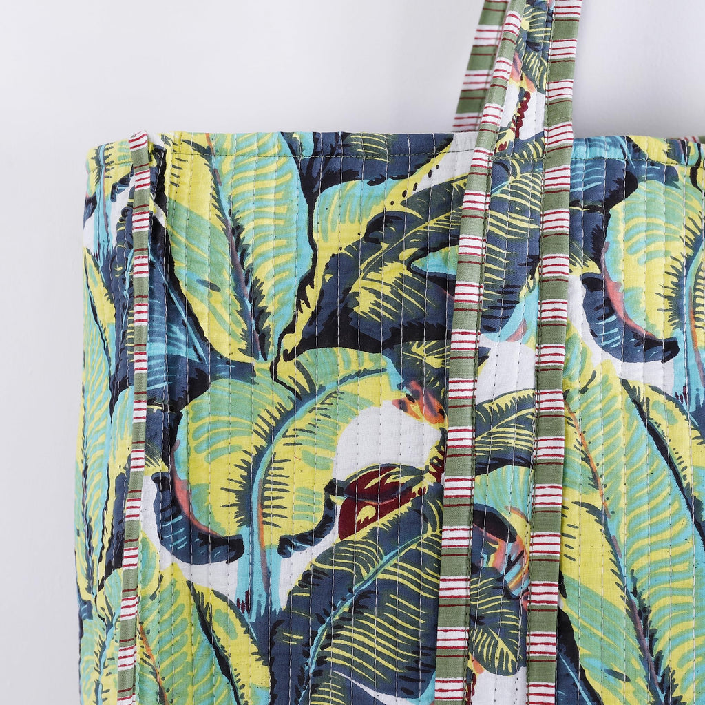 Ravaiyaa - Attitude is everything Women & Man Beautiful Printed Cotton Grocery Shopping Bag | Shoulder Bag | Cotton Tote Bag | Travel Tote Bags 18x5.5x16 Inch (Green Blue Leaf)