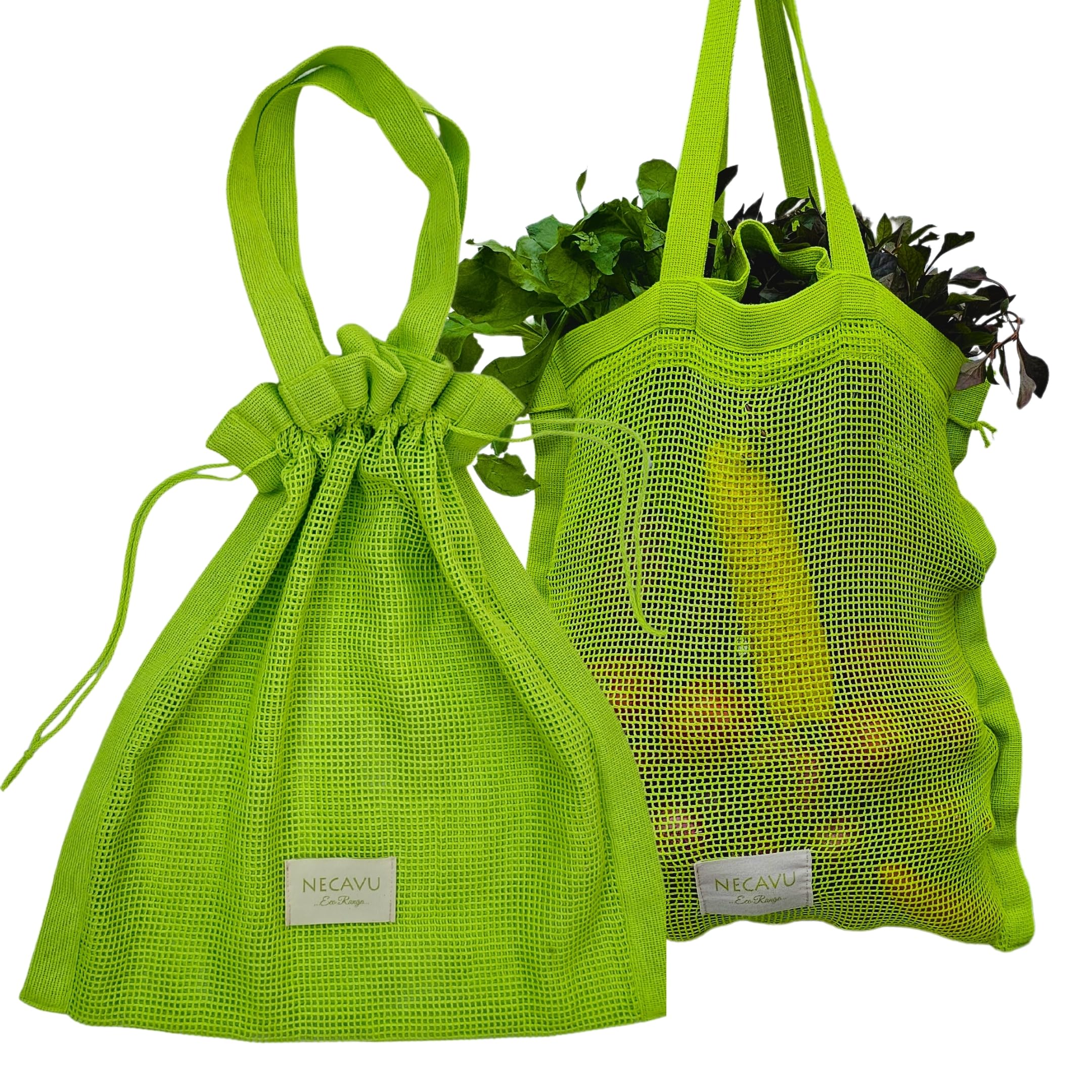 NECAVU 100% Cotton Set Of 2 Mesh Grocery Bag | Eco-Friendly Cotton Market Bags For Vegetable Shopping | Multi-Purpose Portable Cotton Market Bags with Reinforced Edges (Kiwi Green) (Kiwi Green)
