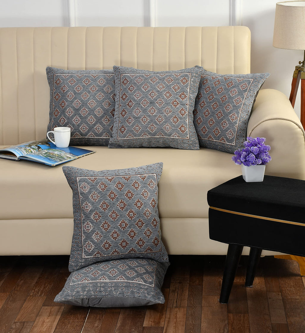 DECOMIZER Jacquard Geomteric Cushion Covers 24 Inch X 24 Inch Set Of 5 Ethnic Motifs 240 TC Cushion Covers,Design- Diamond,Color- Grey