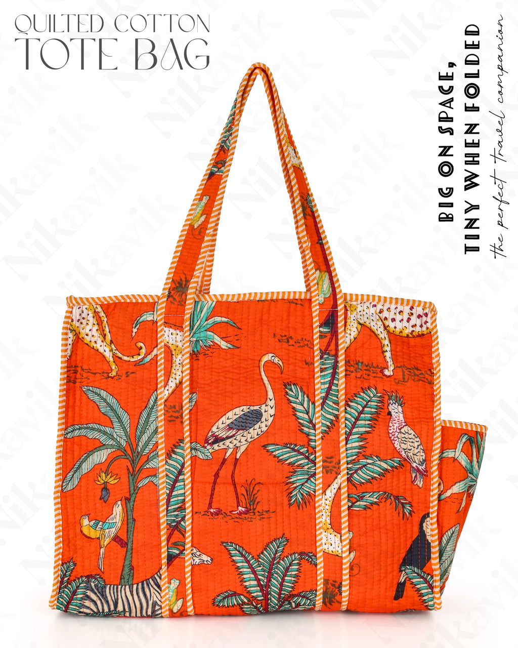 NIKAVIK 1 Tote Bags and 3 Pouch Quilted fabric Handblock Printed Tote Bag(with zip) and bottle compartment with Matching Pouches (Orange)