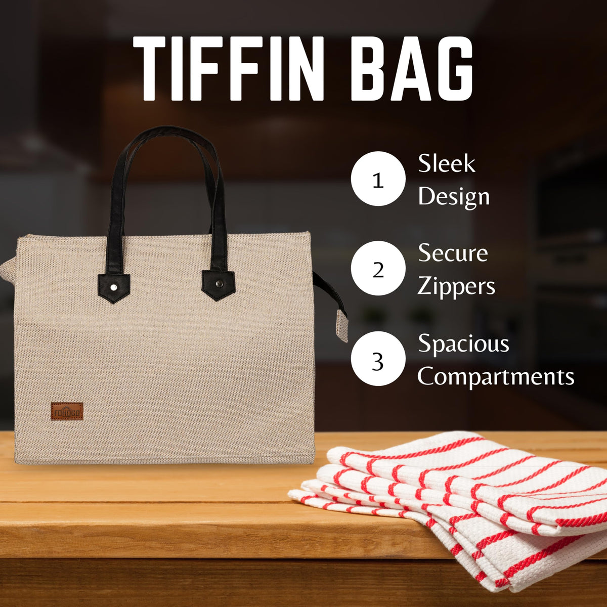 FOHOGO Jute Bag for Unisex | Lunch Bag/Tiffin Bag/Carry Bag/Jute Bag | Tote Bag for office (Beige, Medium (14”x11”x5”))
