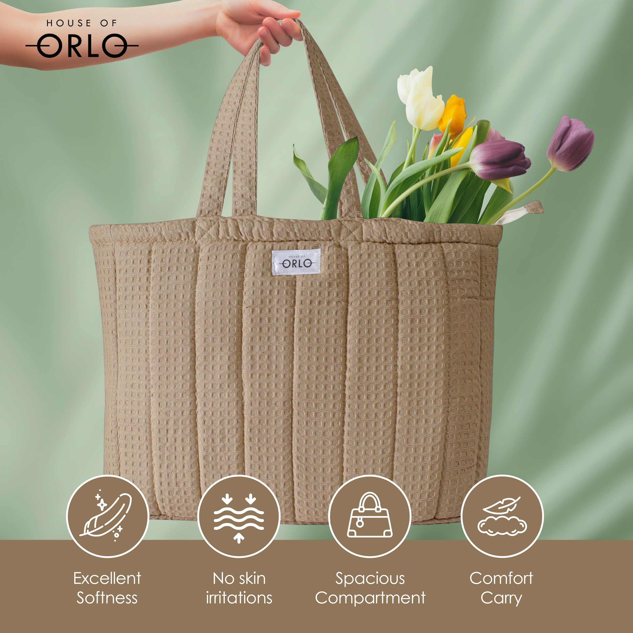 HOUSE OF ORLO Women's Cotton Quilted Aesthetic Western Tote Bags, Waffle Weave Handmade With Zipper & Double Handles For Women & Girls, Daily Use Handbag For College/Travel/Work (Earth-Brown)