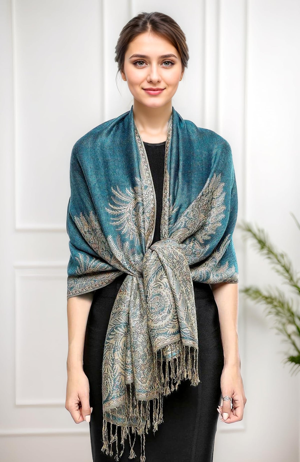 Achillea Luxurious Double Layered Jacquard Big Paisley Pashmina Shawl Wrap Scarf