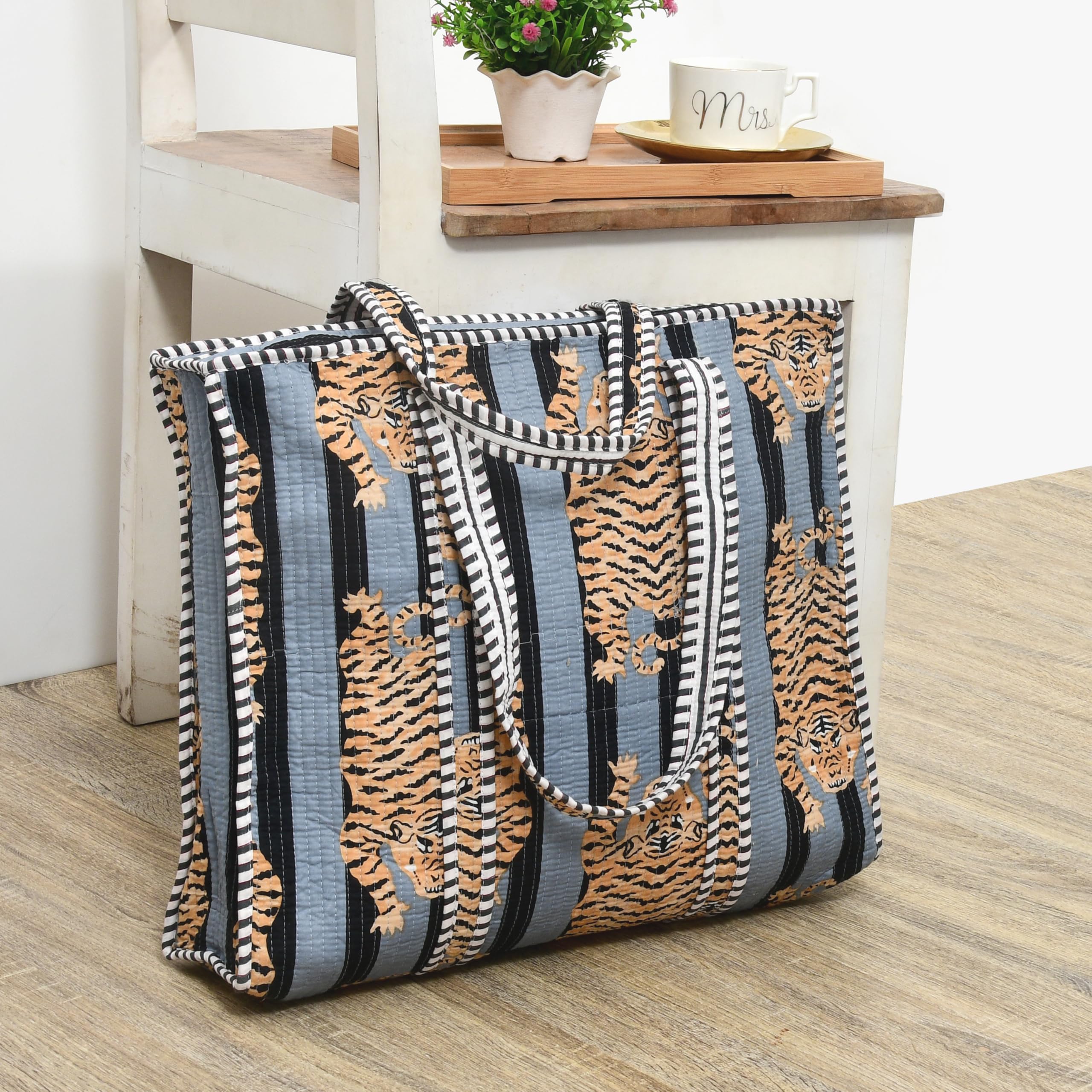 MITTICO Quilted Cotton Tote Bag for Women – Handmade Large Shoulder Handbag with Zipper & Multiple Pockets | Lightweight Travel Tote for Office, Shopping & Daily Use | Black Stripe Tiger Print