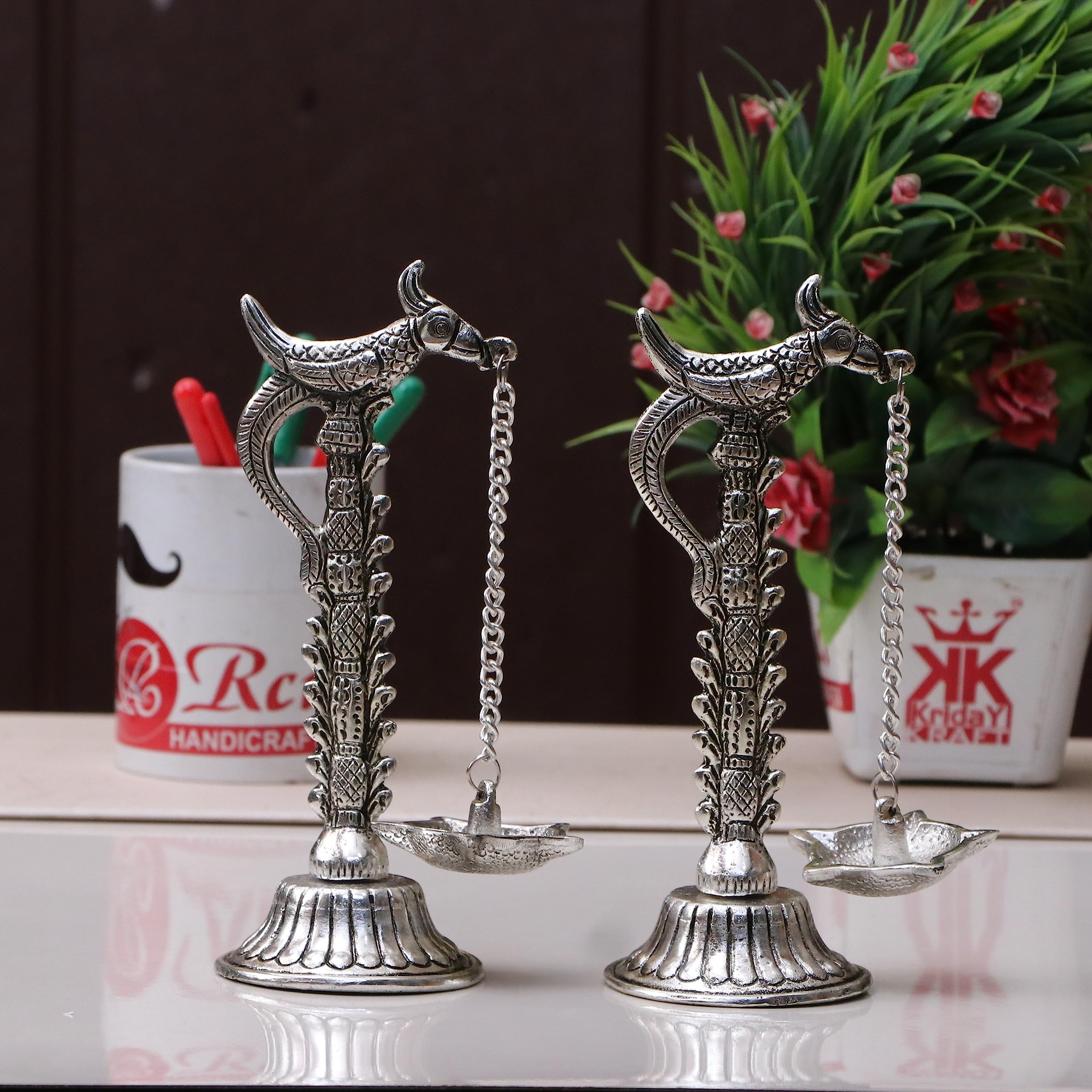 Parrot Design Metal Hanging with Chain Diya Pair of Parrot Design