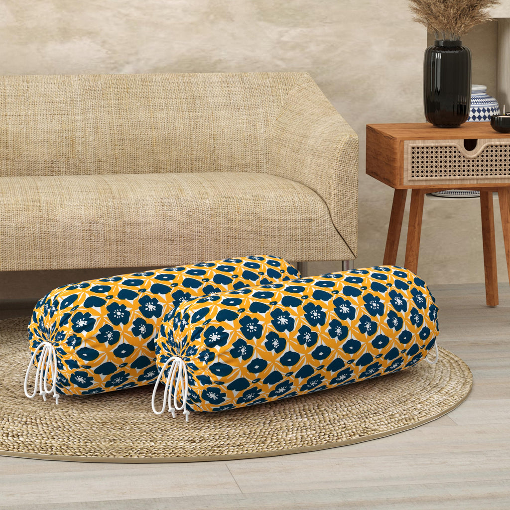 BLOCKS OF INDIA Cotton Hand Block Printed Bolster Cover | Booster Cover with Drawstring | Round Long Pillow Cover for Bed | Dewan Pillow Cover Set 16 X 32 | Set of 2 (Yellow Flower)