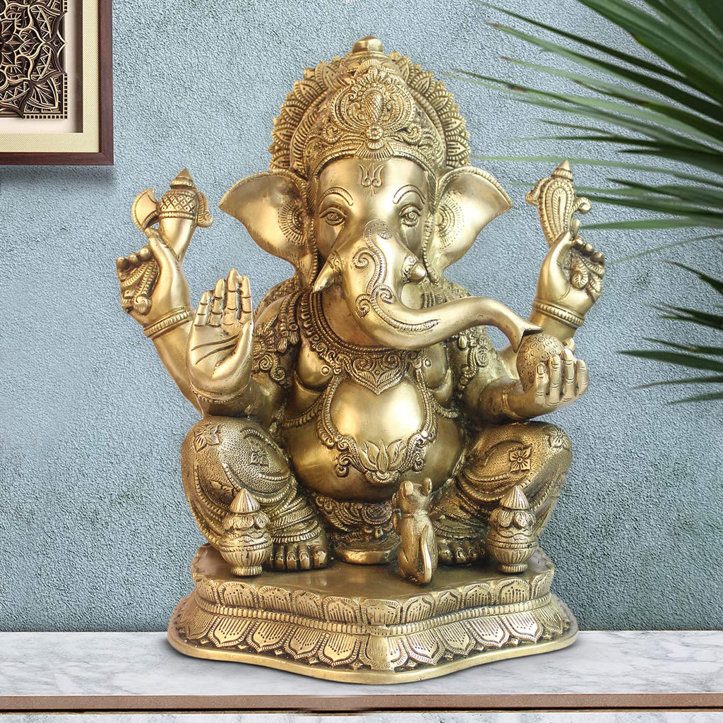 ARTVARKO Big Brass Ganesha Idol Mangalkari Sitting Ganesh Bhagwan Large Statue God Ganpati Murti for Home Pooja Entrance Décor Good Luck Vastu Decoration Showpiece 16 Inch