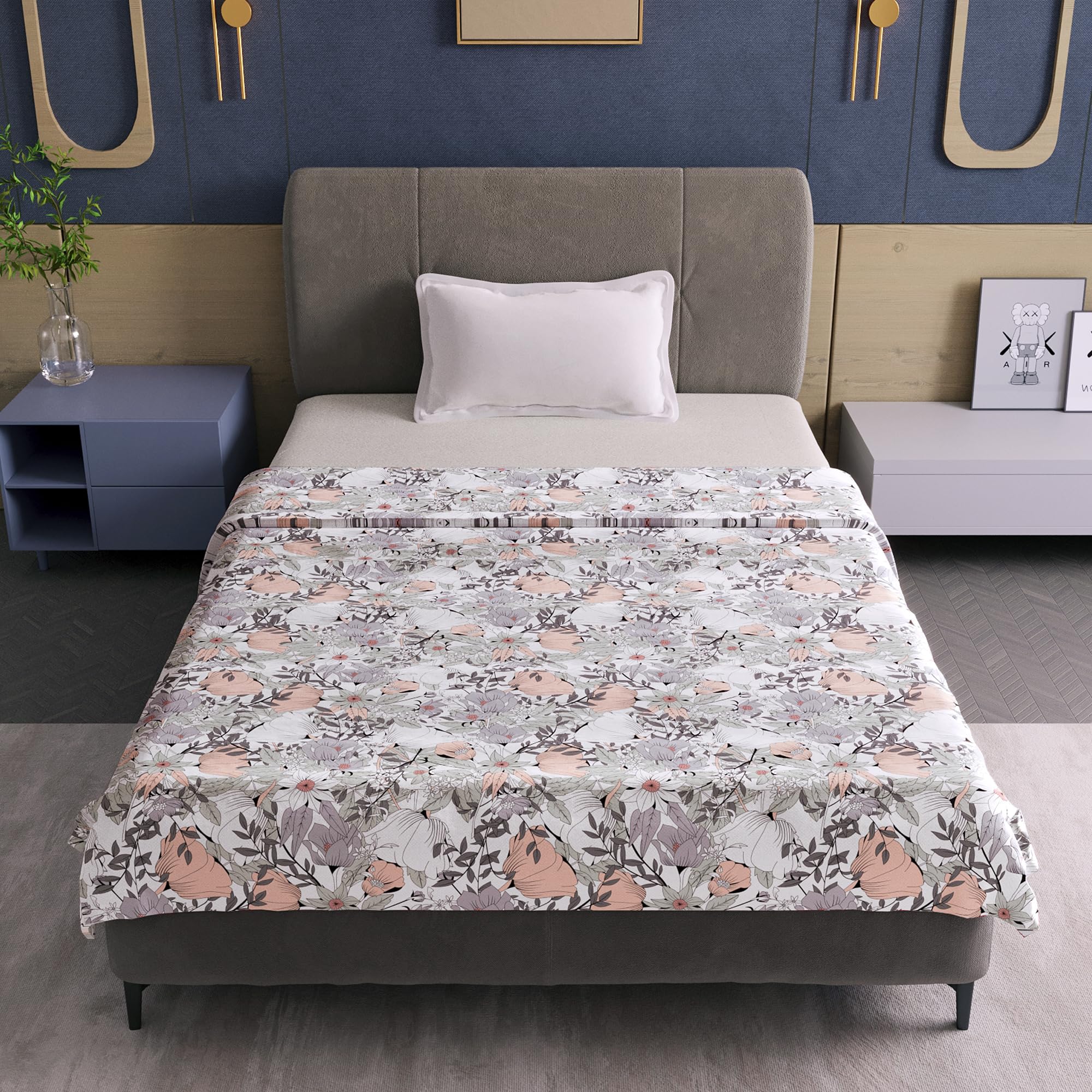 Divine Casa 100% Cotton Reversible Single Bed Dohar | Lightweight AC Blanket | Soft & Breathable Quilt | 210 x 140 CM, Floristry Slate & Coral Kafalo