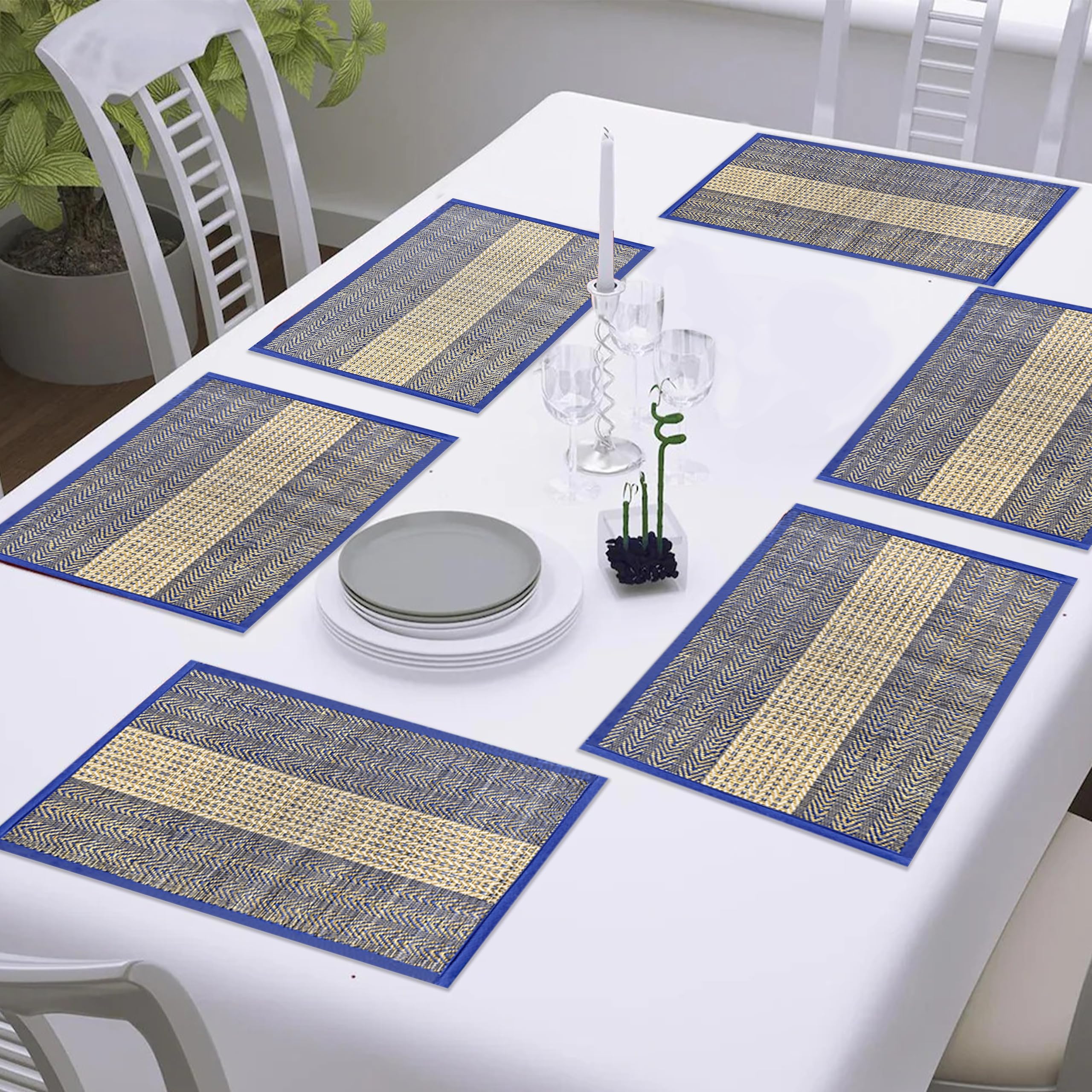 KalaTree Table Mats Set of 6 Handmade Reversible Heat Resistant | River Grass Dining Placemats Zero Plastic | Natural Madurkathi Eco Friendly | Rustic Boho Dcor | Graceful Blue Six Mats Kafalo