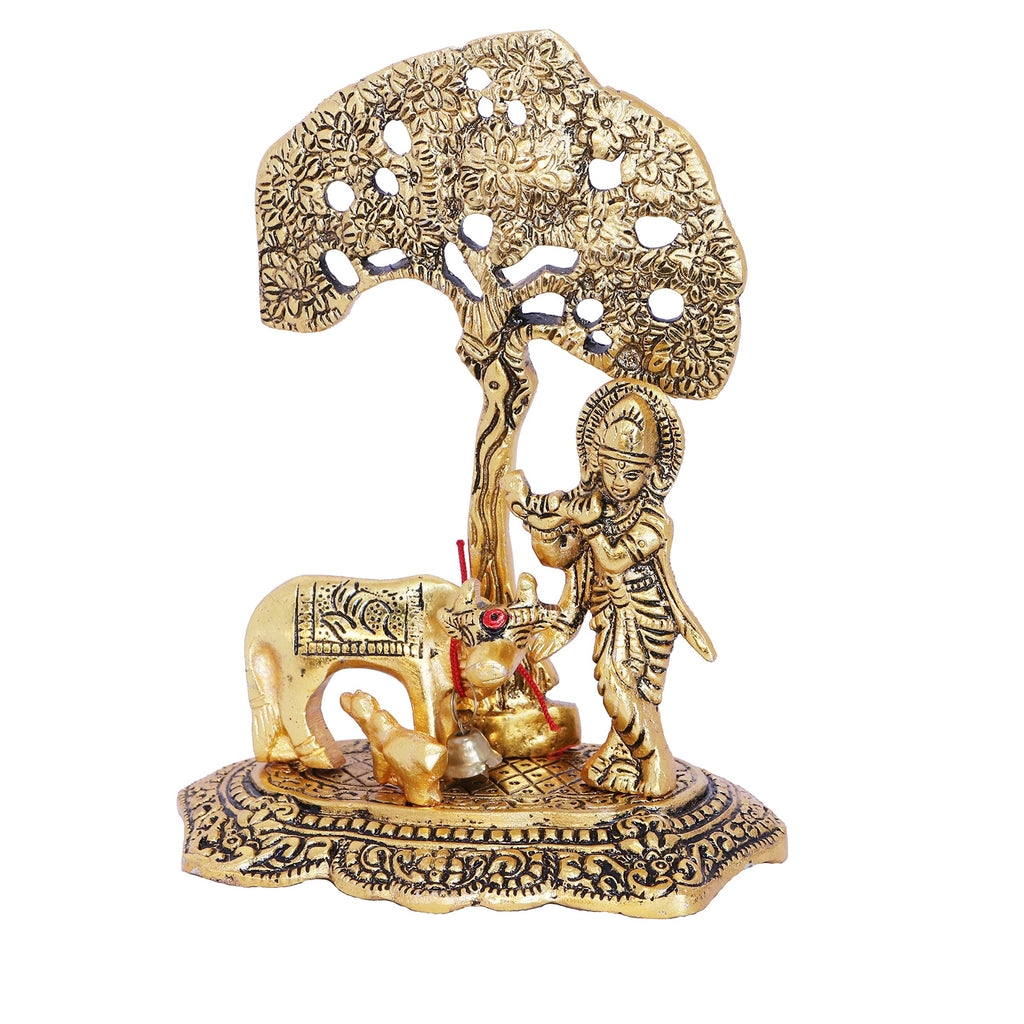 KridayKraft Kamdhenu Cow with Krishna Standing Under Tree Plying Flute Metal Statue,Krishna Murti Idol for Pooja & Decor Your Home,Office,Showpiece Figurines,Religious Idol Gift Article...