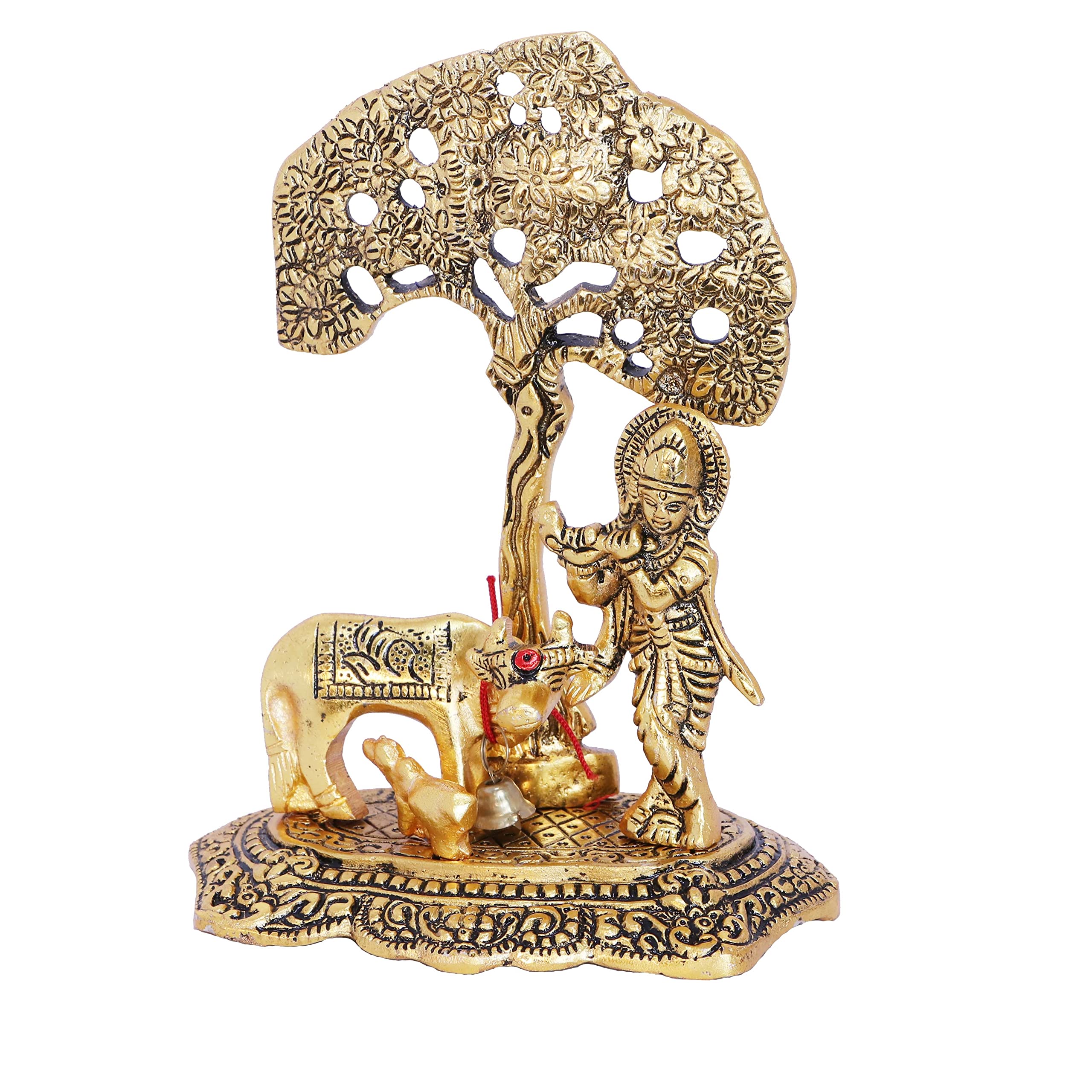 KridayKraft Kamdhenu Cow with Krishna Standing Under Tree Plying Flute Metal Statue,Krishna Murti Idol for Pooja & Decor Your Home,Office,Showpiece Figurines,Religious Idol Gift Article...