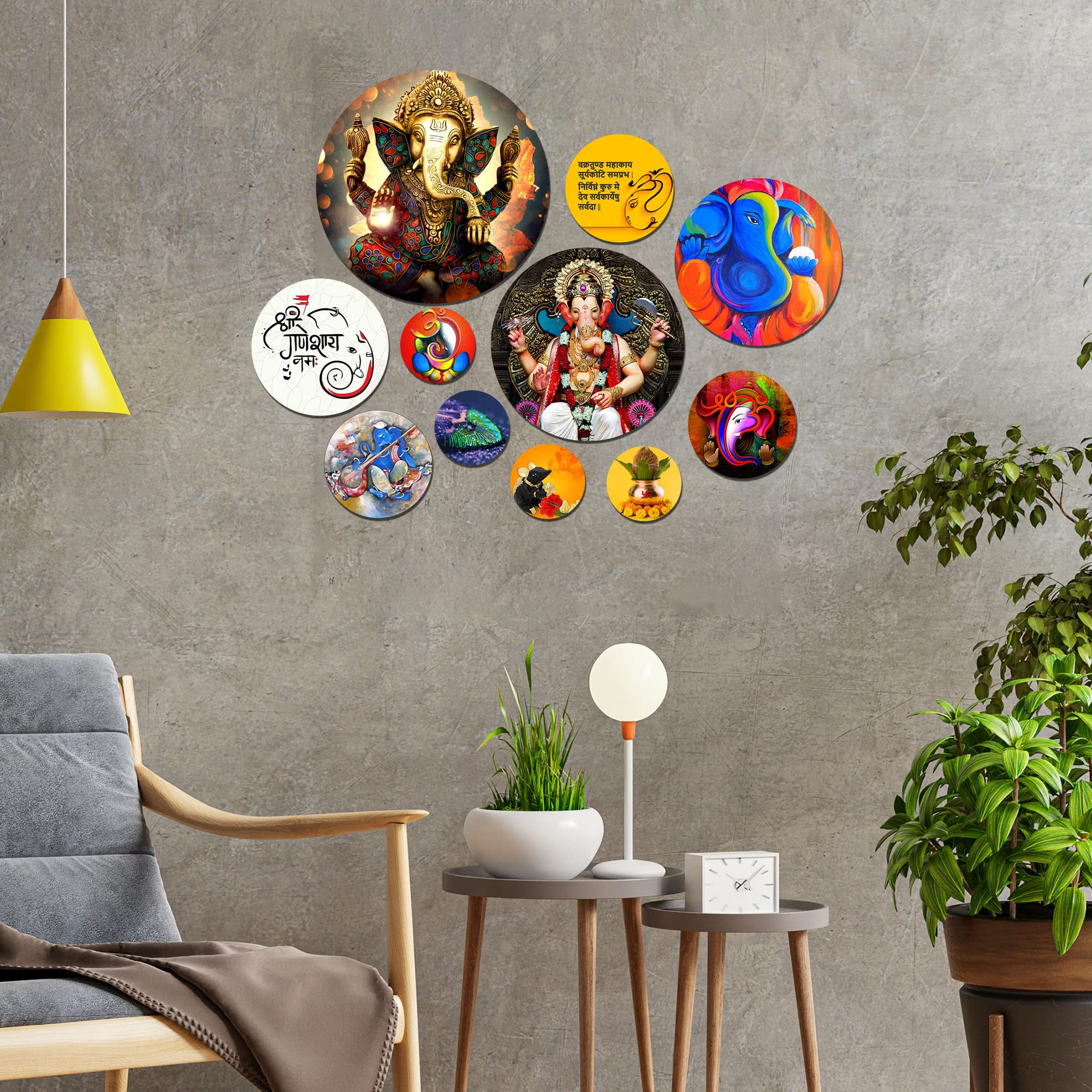 Artvibes Ganesh Round Shape MDF Wooden Wall Decor Items For Good Luck Properity Vastu | Spiritual Decor Items | Paintings | Wall Poster| Stylish Modern Decor Item | Ideal Gifts (WPS_125N), Set of 11