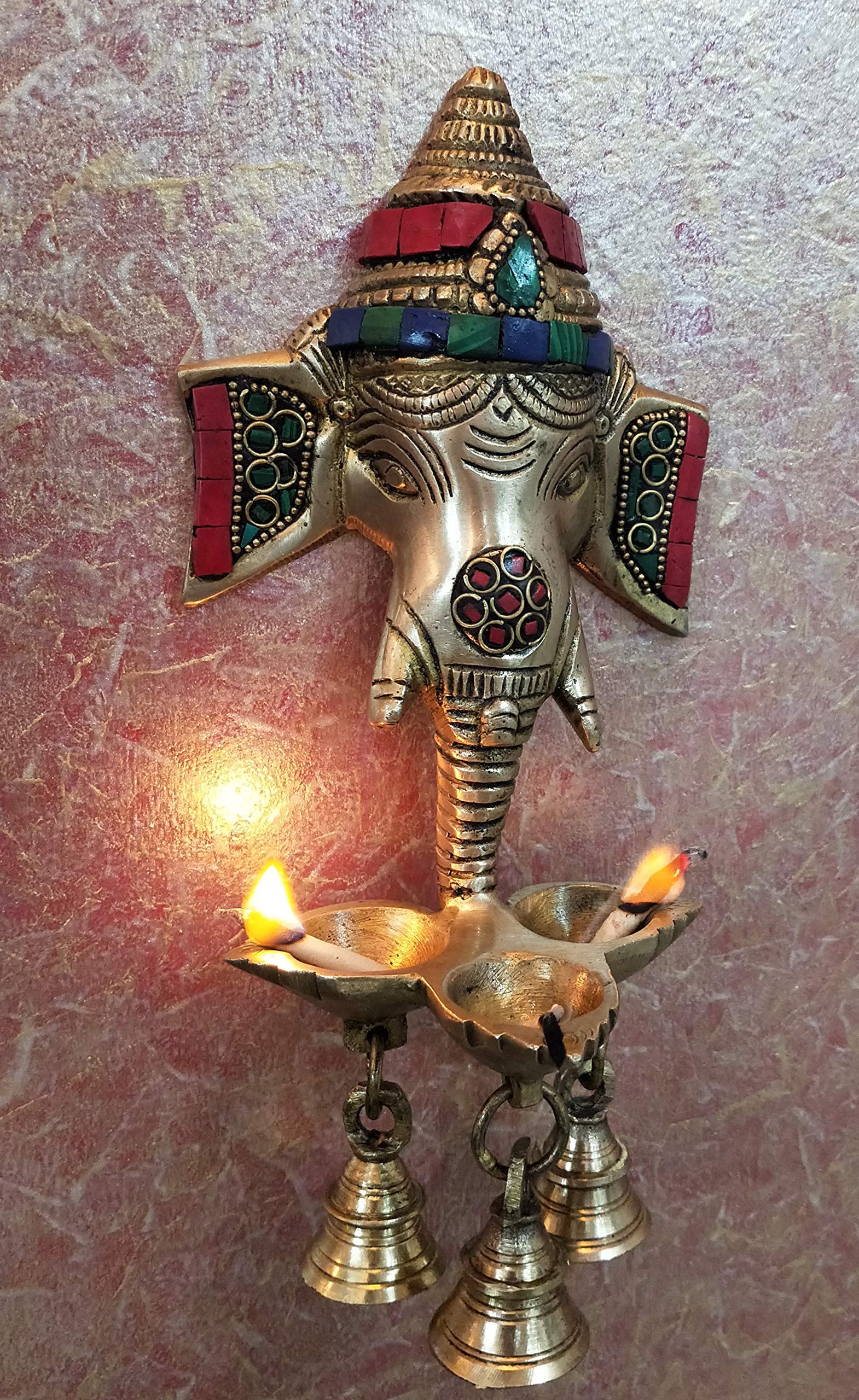 ARTVARKO™ Brass Ganesha Wall Hanging Diya with Bells Puja Idol Oil Lamp 9.5 Inch Antique Style Ganesh Home Décor Deepak for Mandir Temple Gift