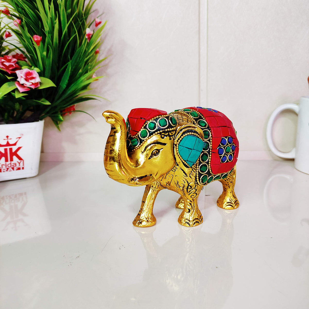 KridayKraft Metal Elephant Small Size with Stone Work for Showpiece Enhance Your Home, Office and Table - Multicolour