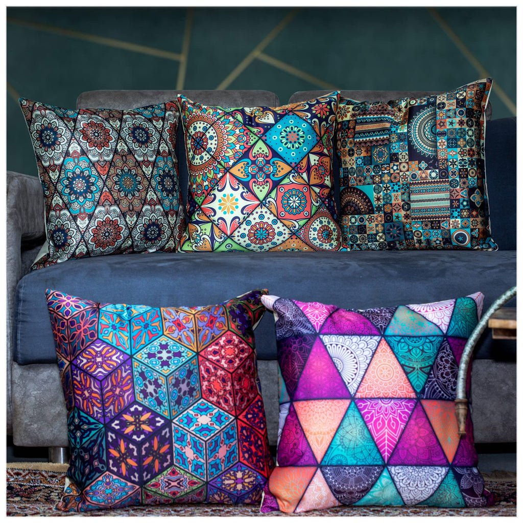 Vendola Merhaba Microfiber Satin 250TC Cushion Pillow Covers, Multicolor, Set of 5(Ishil, 24x24 Inches)