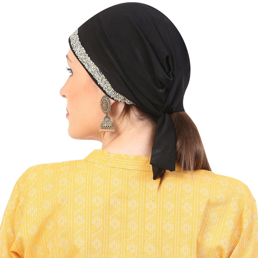 Women's Black Diamond Lace Cap Head Scarf with Silver Embellishments