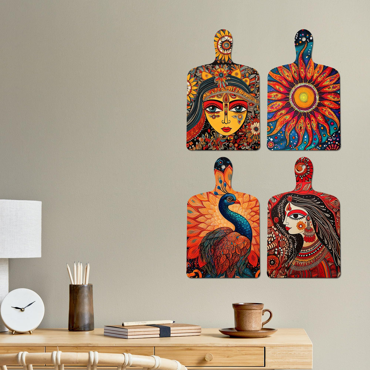 Artvibes Women Sun & Peacock Traditional Madhubani Art Decorative Wall Hanging Ornaments | Room Wall Art | Wood Decorative Items | Modern Decoration | Wall Poster | Unique Gift (WH_5639N), Set of 4