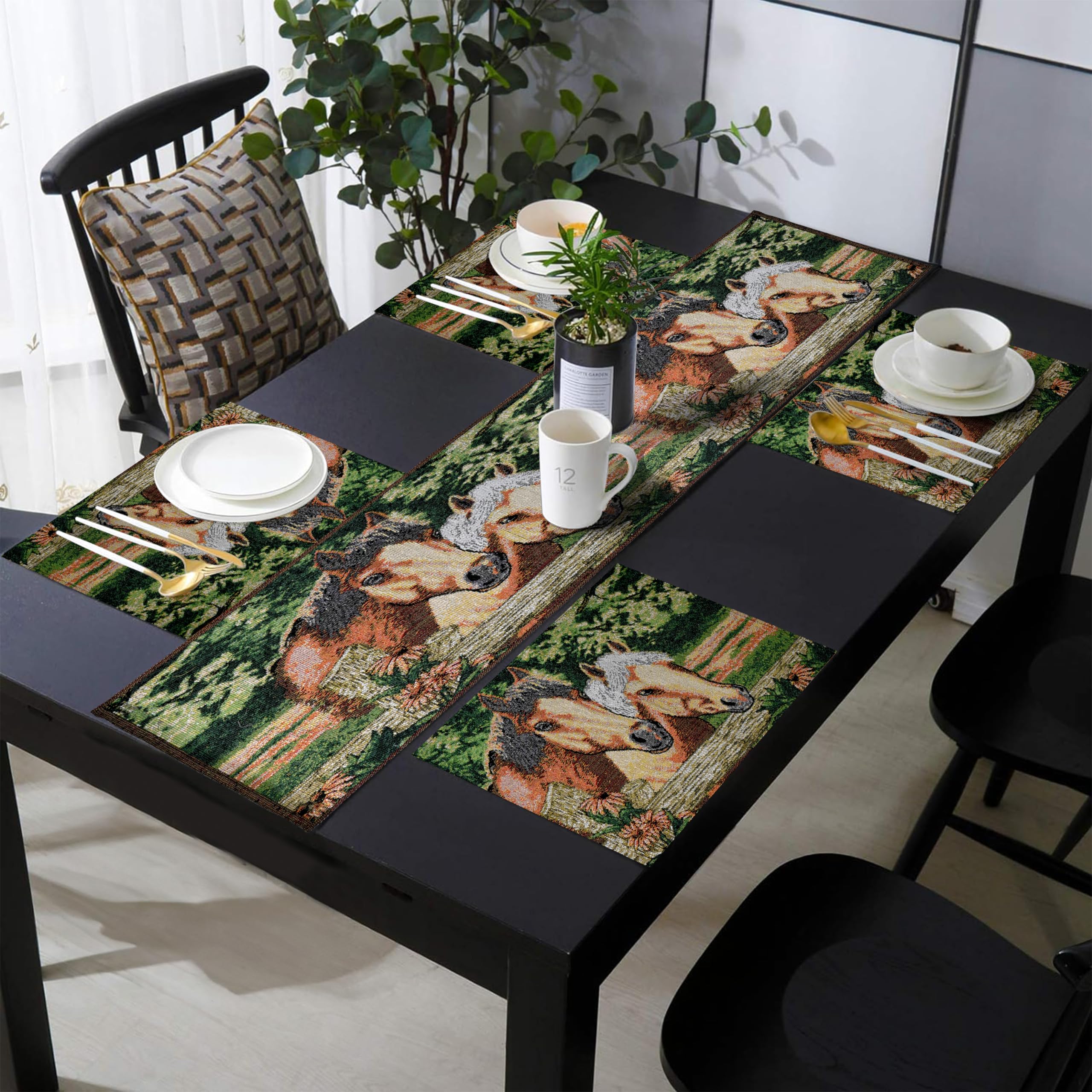 PRAKARTIK BY INDUARTS Horse Design Eco-Friendly Cotton Dining Rectangular Table Mat with Runner - Reusable, Machine Washable, Everyday Use Green & Brown (Set of 4+135 cm Runner) Kafalo