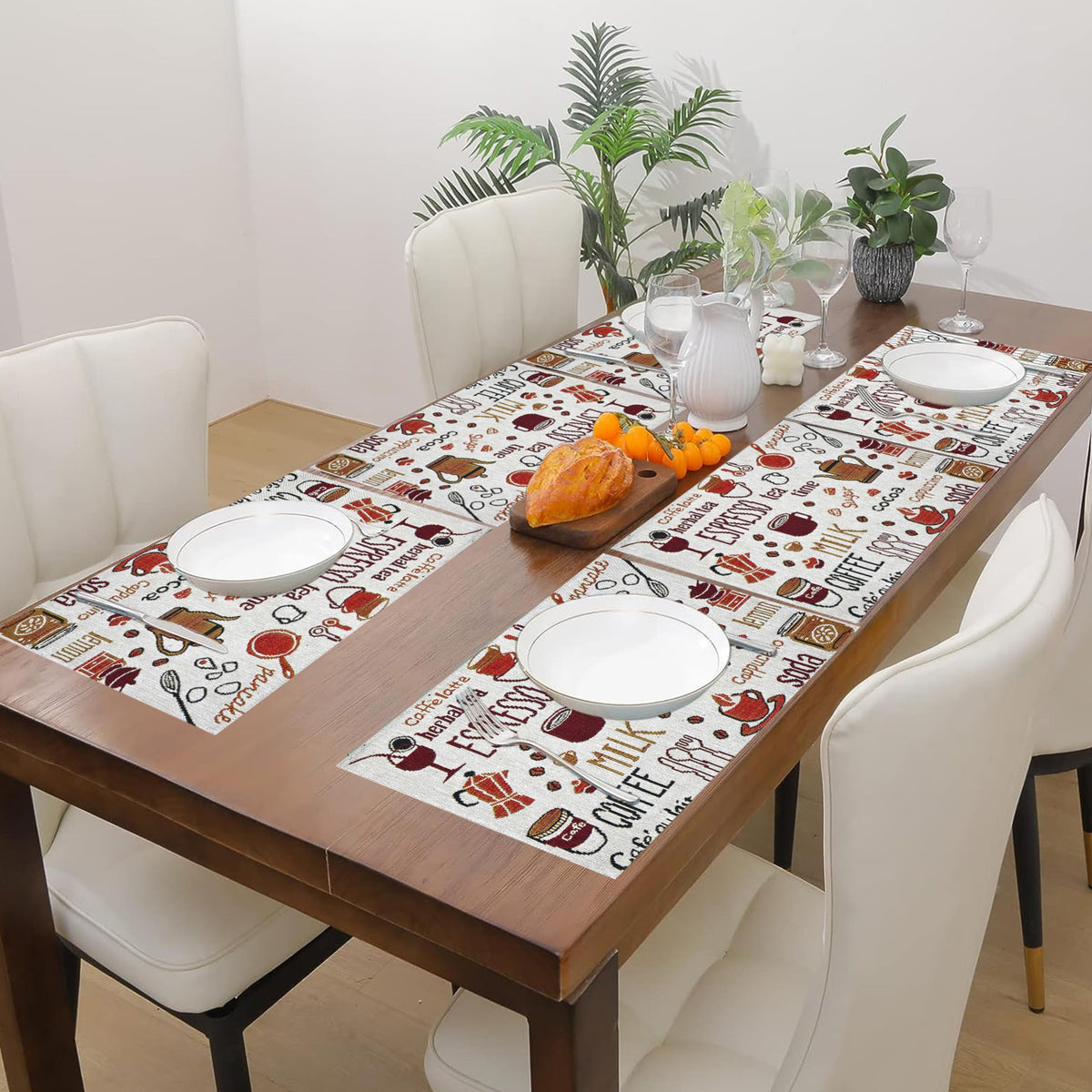 PRAKARTIK BY INDUARTS Espresso Coffee Tea Time Eco-Friendly Cotton Dining Rectangular Table mats - Reusable, Machine Washable, Everyday Use White & Brown Placemats, Set of 6 (33x47 cm) Kafalo