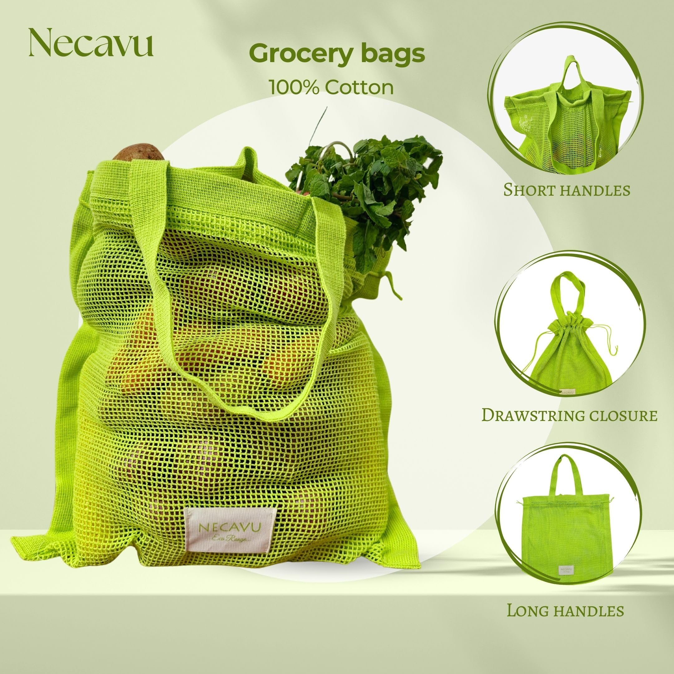 NECAVU 100% Cotton Set Of 2 Mesh Grocery Bag | Eco-Friendly Cotton Market Bags For Vegetable Shopping | Multi-Purpose Portable Cotton Market Bags with Reinforced Edges (Kiwi Green) (Kiwi Green)