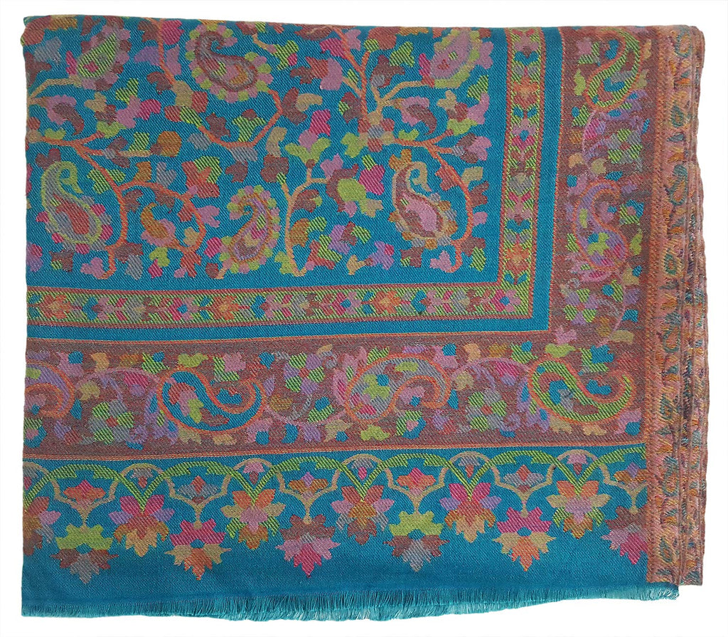 Mehrunnisa Jamawar Kani 100% Pure Wool Shawl Wrap From Kashmir (Turquoise)
