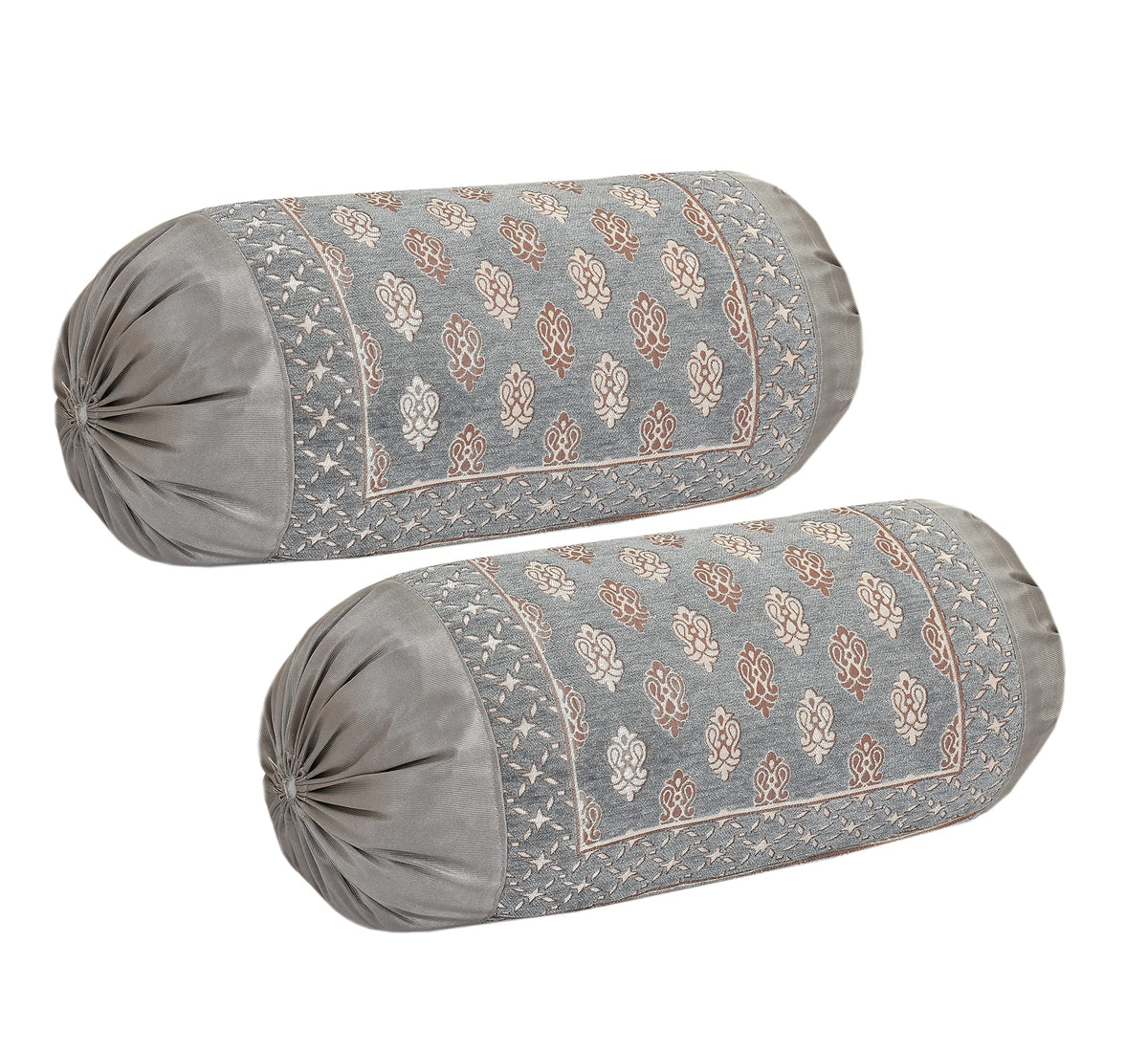 DECOMIZER Jacquard Geomteric Bolster Cover Set | 16x32 Inches | 200 Tc | Dewan Round Pillow Covers | Bed Side Long Pillow Case - (Ambi Grey - Set of 2)