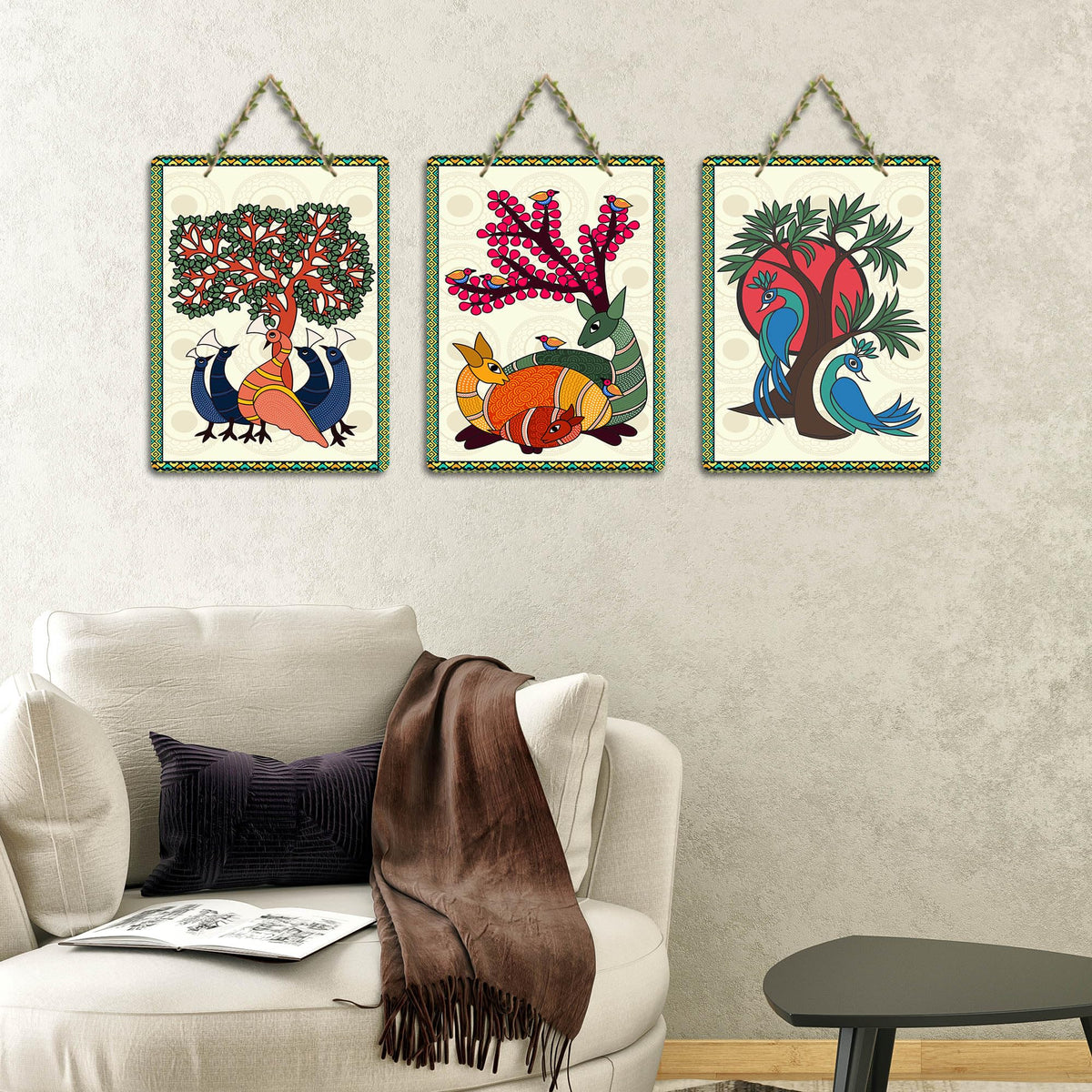 Artvibes Tree, Bird & Animal Theme Madhubani Art Wooden Art Decoration Item for Home | Garden Balcony | Decoration Wall Hanging Items | Trendy Decor | Wall Poster | Unique Gift (WH_96161N), Set of 3