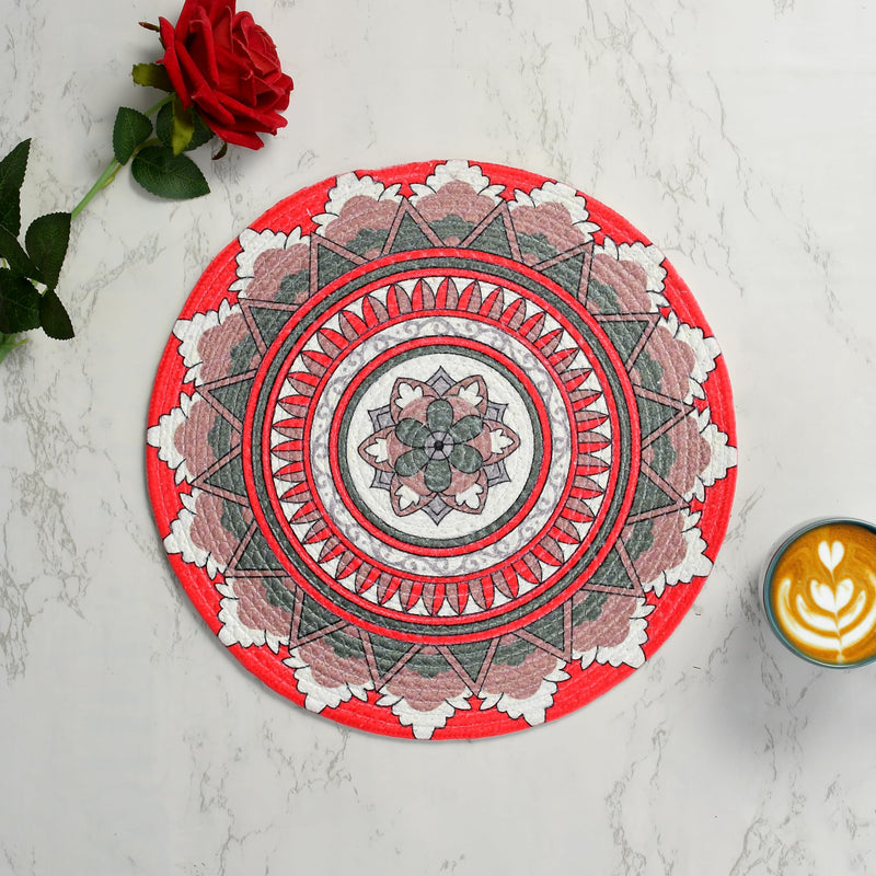 LaVichitra Cotton Table Placemat | Dining Table Mat | Bed Side Table Mat | Cotton Round Shape Placemats | Washable PlaceMat for Shelves & Plant Pots - Pack of 1, Folk Art Kafalo