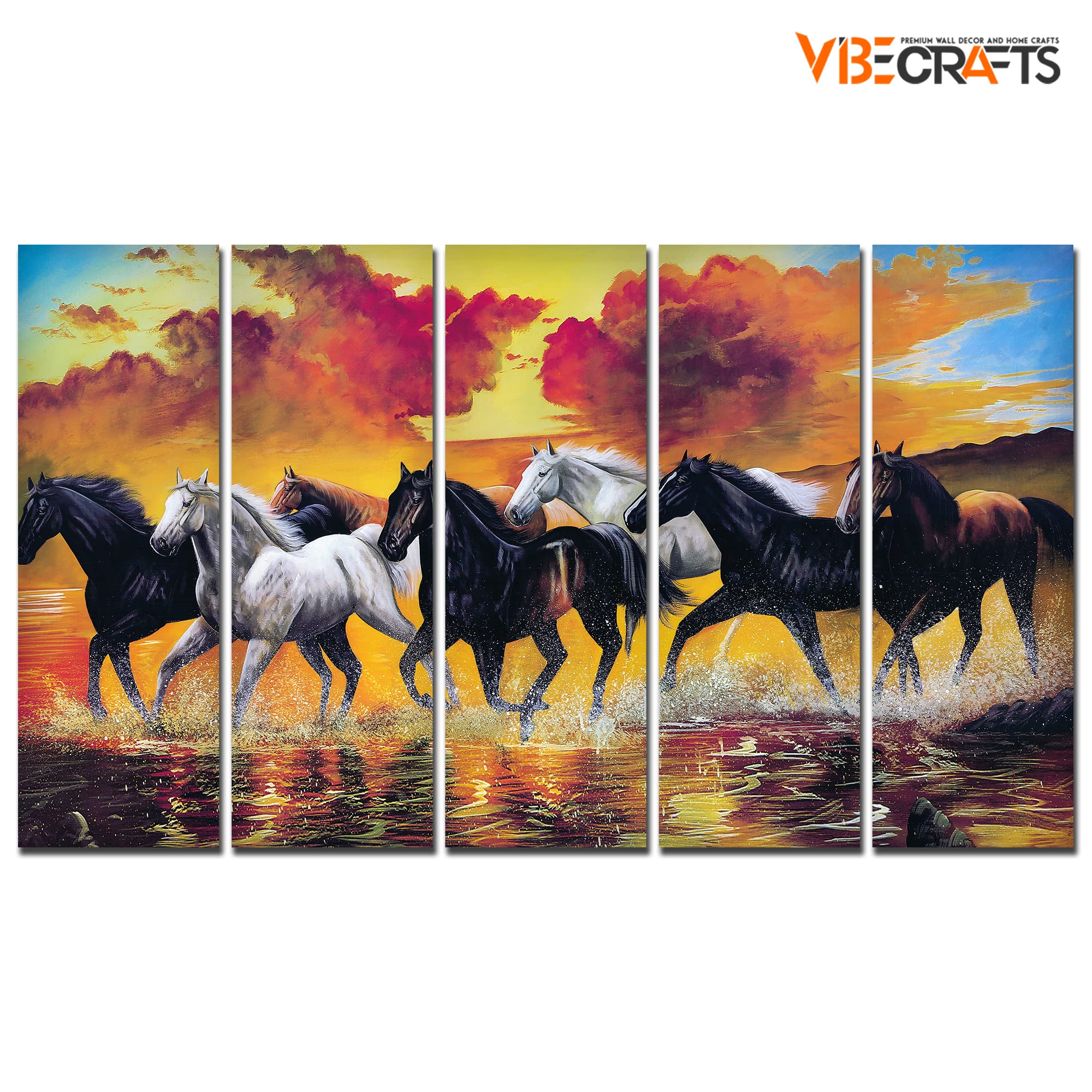 VIBECRAFTS Running Seven Horses 5 Pieces Canvas Wall Painting For Home | Office | Living Room | Gift (PTVC5Pcs4_8522)
