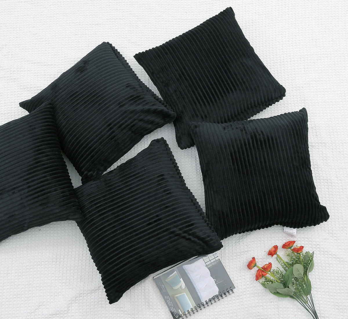 RD TREND® Cushion Cover Set of 5, Decorative Sofa Living Room Home Square Cushion Covers 18 Inch x 18 Inch, Aesthetic Corduroy Striped Double Sided (Black, Pack of 5)