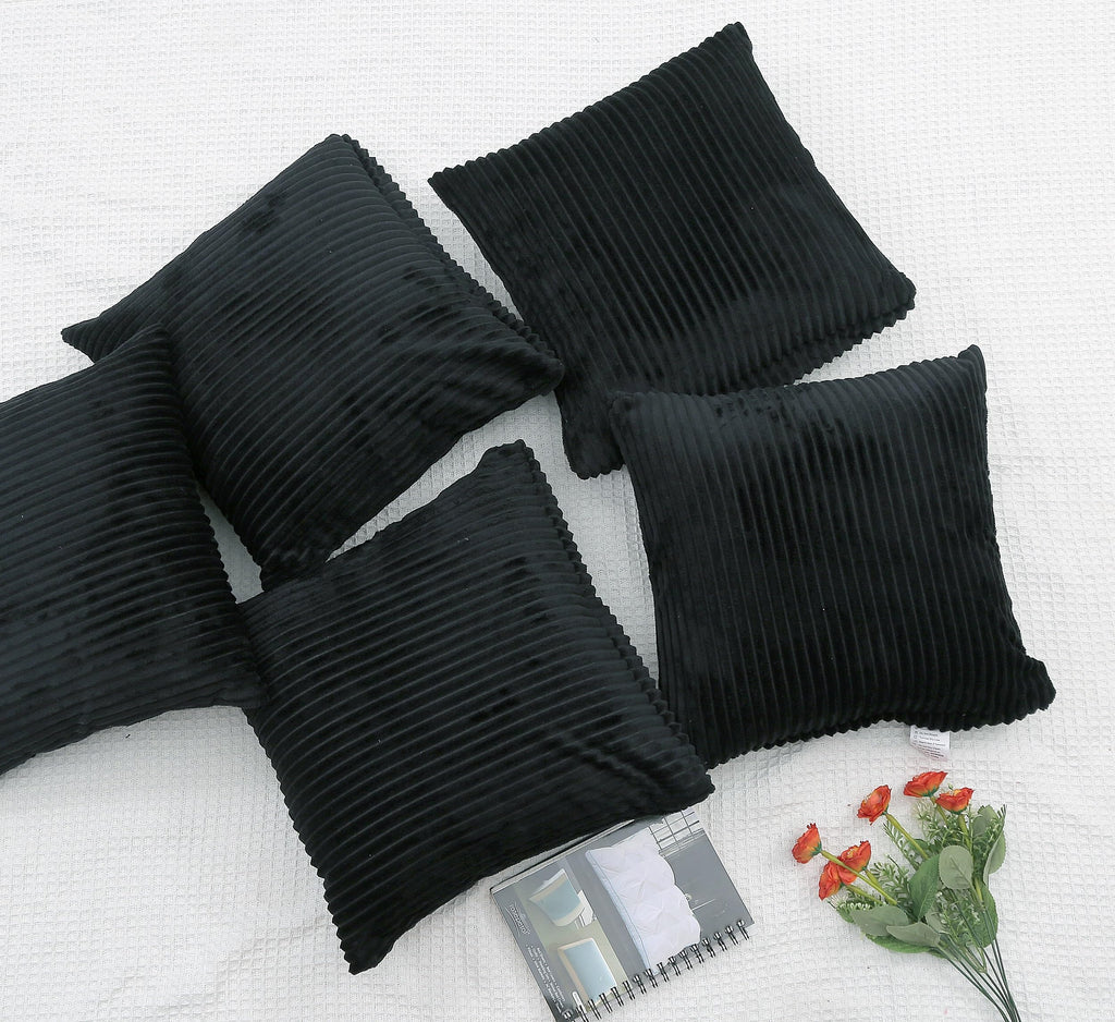 RD TREND® Cushion Cover Set of 5, Decorative Sofa Living Room Home Square Cushion Covers 24 Inch x 24 Inch, Aesthetic Corduroy Striped Double Sided (Black,Pack of 5)