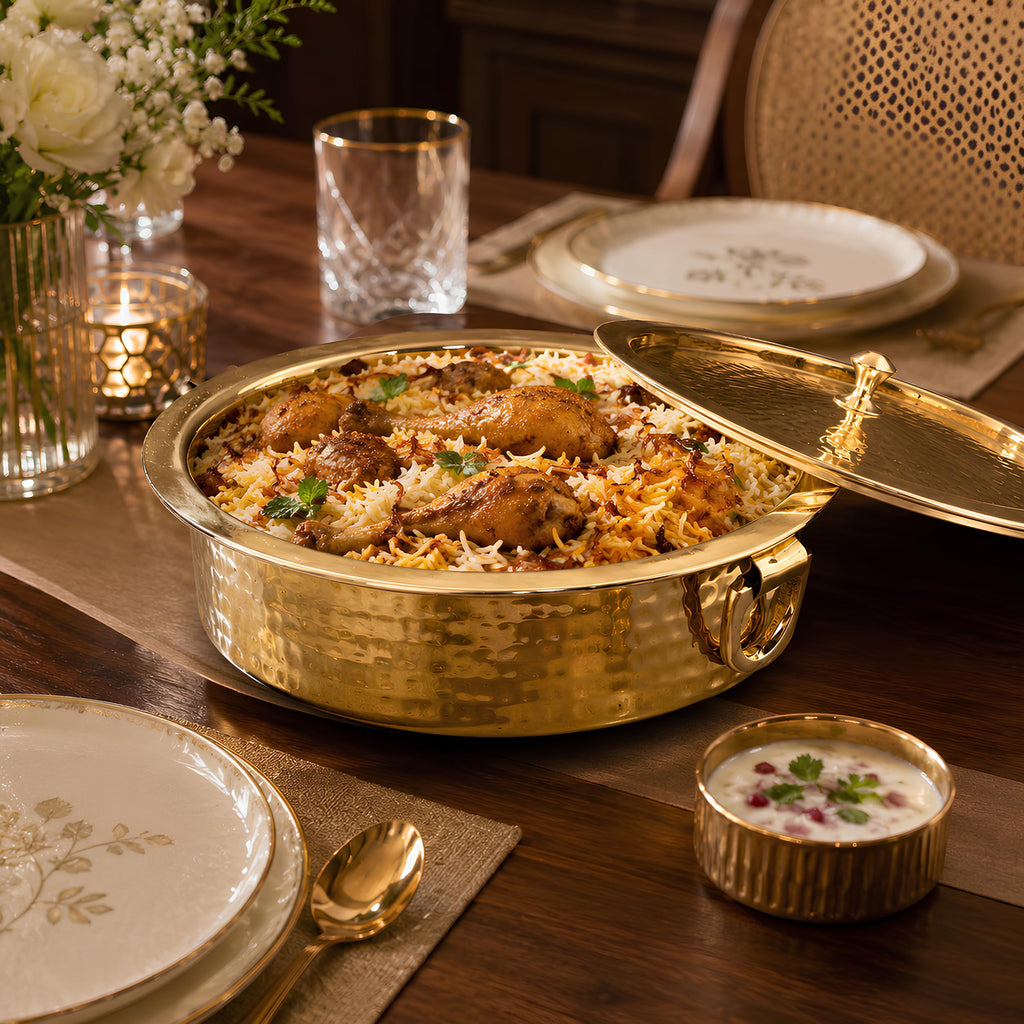 P•TAL Brass Lagan 6L, Tin Coated with Lid 100% Pure Brass Degchi for Cooking 3.2 kg Biryani Handi Ptal Utensils for Kitchen (Free 30ml Copper & Brass Cleaning Solution)