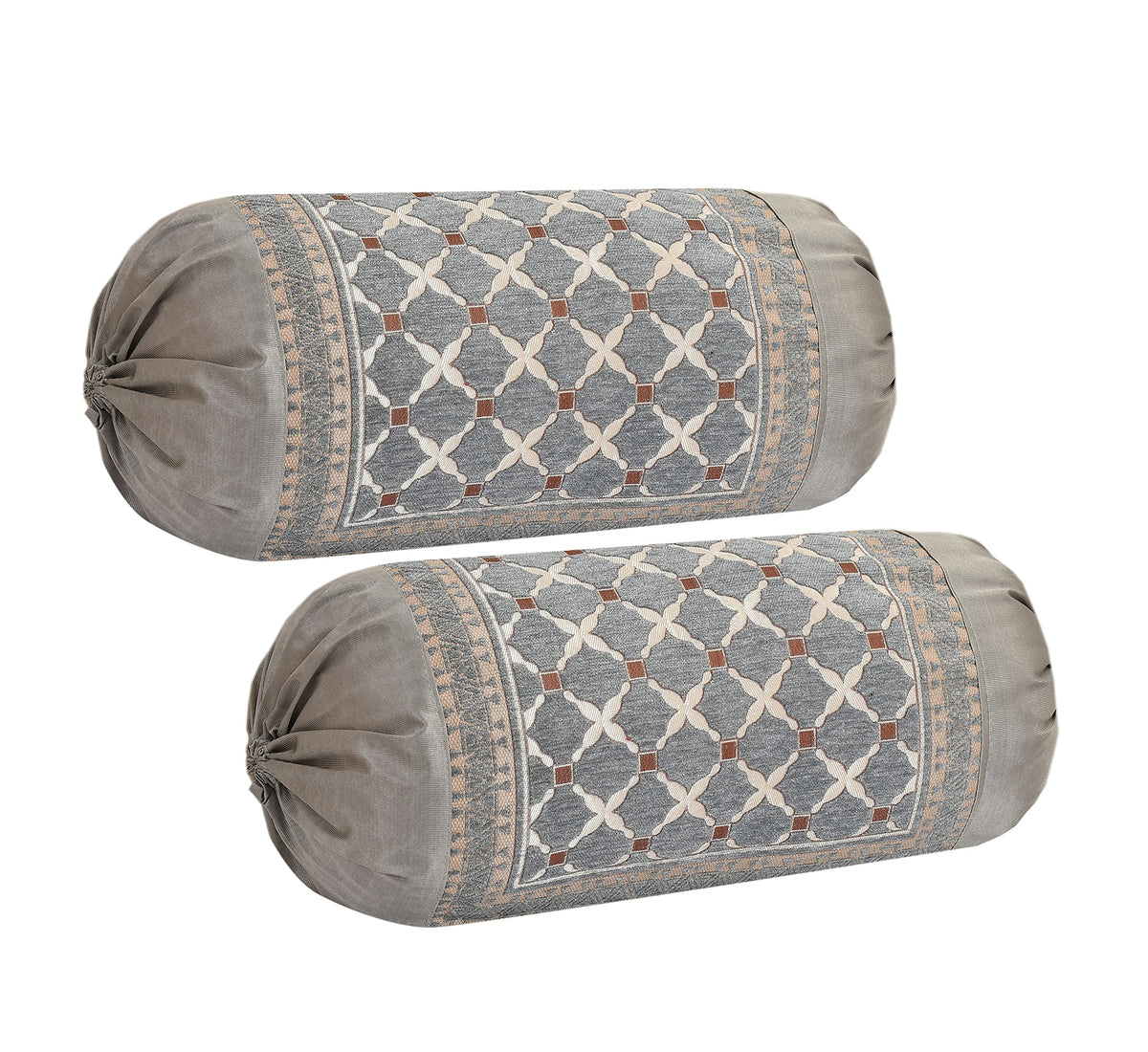 DECOMIZER Jacquard Geomteric Bolster Cover Set | 16x32 Inches | 200 Tc | Dewan Round Pillow Covers | Bed Side Long Pillow Case - (Criss-Cross Grey - Set of 2)
