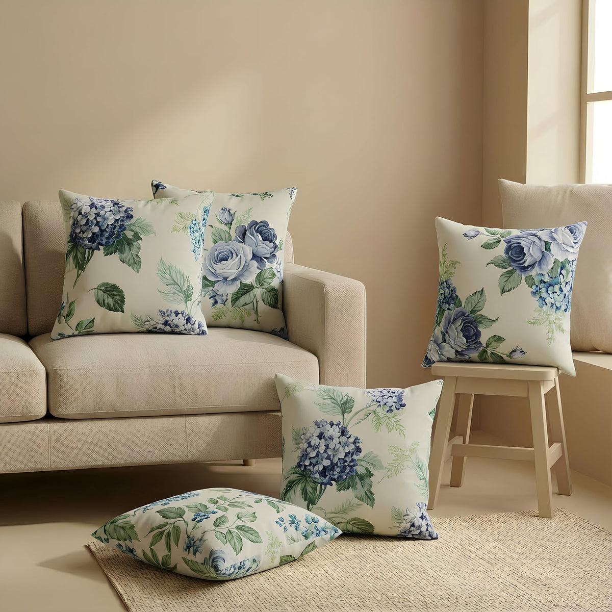 Clasiko Cotton Cushion Covers 24x24 – Set of 5 Decorative Cushion Covers, Blue Bloom, Soft Cotton, Hidden Zip, Sofa & Bedroom Décor