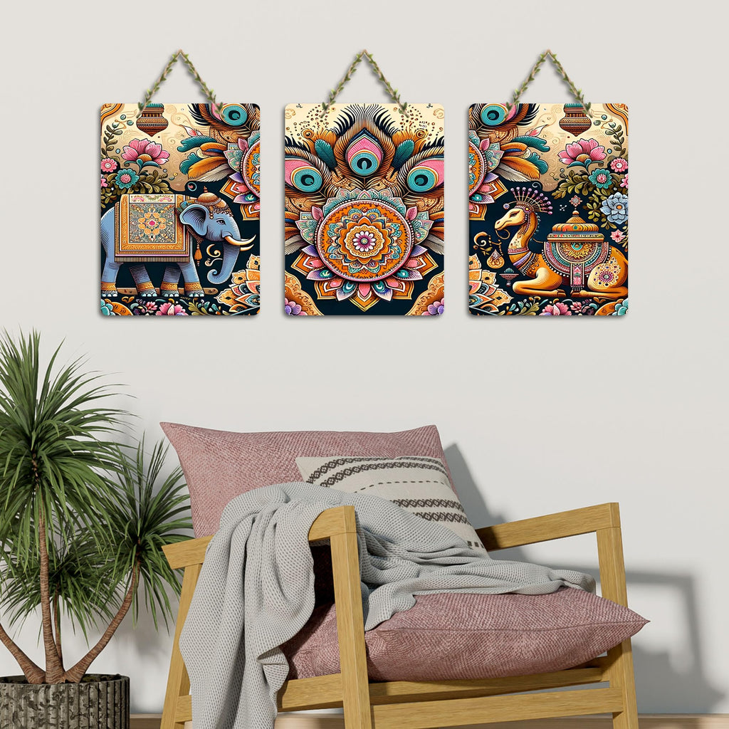 Artvibes Royal Rides Kalamkari Art Decorative Wall Art MDF Wooden Wall Hanger for Home | Room Decoration | Handcrafted Art | Wall Illustrations | Artworks Hangings | Gift Items (WH_96167N), Set of 3