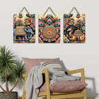 Artvibes Royal Rides Kalamkari Art Decorative Wall Art MDF Wooden Wall Hanger for Home | Room Decoration | Handcrafted Art | Wall Illustrations | Artworks Hangings | Gift Items (WH_96167N), Set of 3